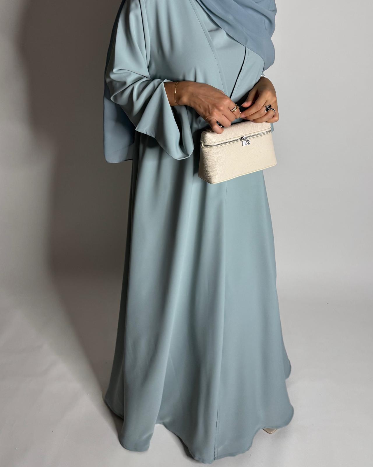 A650 - Blue Flowy Abaya with Flared Sleeves, Under Abaya Dress & Head Scarf