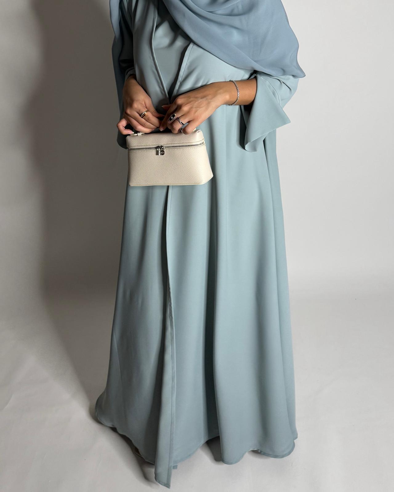 A650 - Blue Flowy Abaya with Flared Sleeves, Under Abaya Dress & Head Scarf