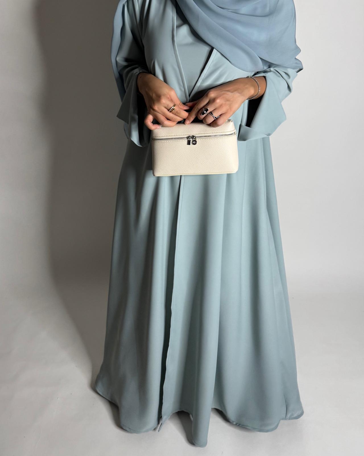 A650 - Blue Flowy Abaya with Flared Sleeves, Under Abaya Dress & Head Scarf