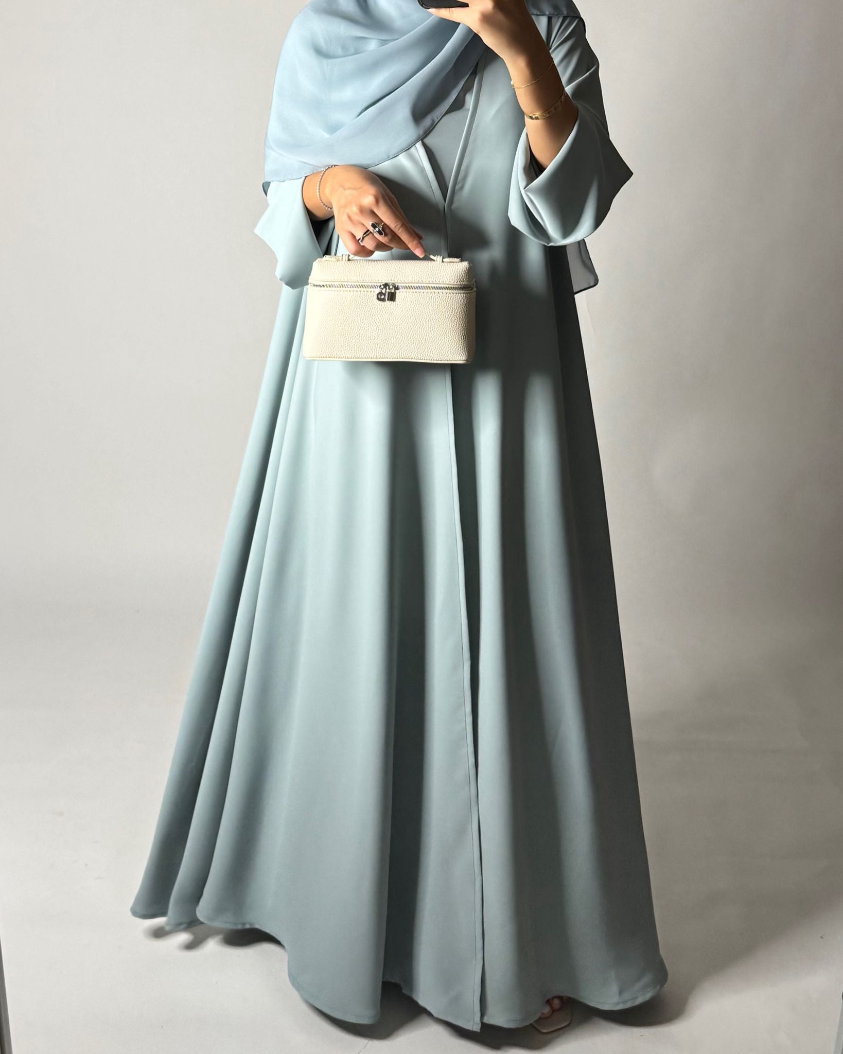 A650 - Blue Flowy Abaya with Flared Sleeves, Under Abaya Dress & Head Scarf