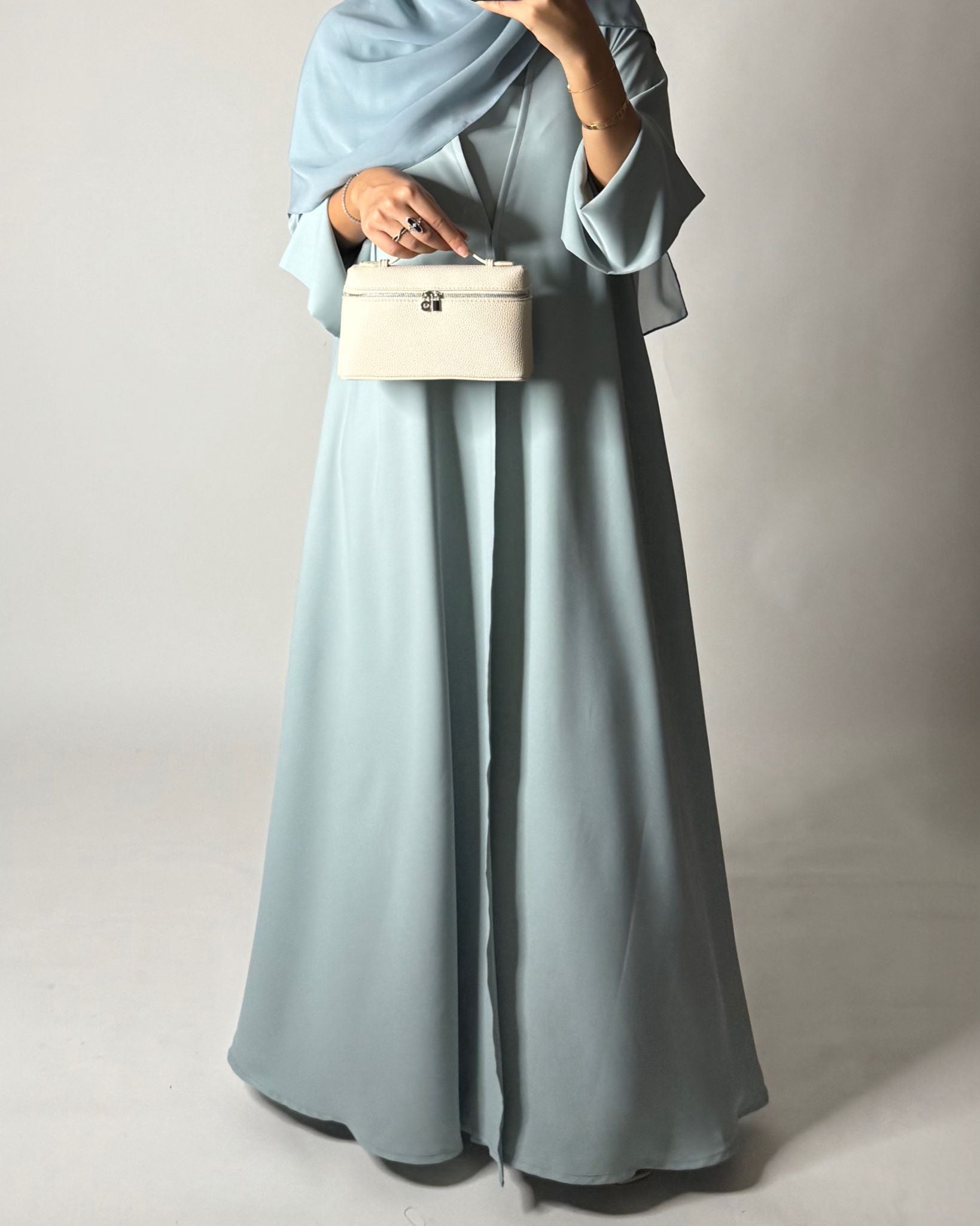A650 - Blue Flowy Abaya with Flared Sleeves, Under Abaya Dress & Head Scarf