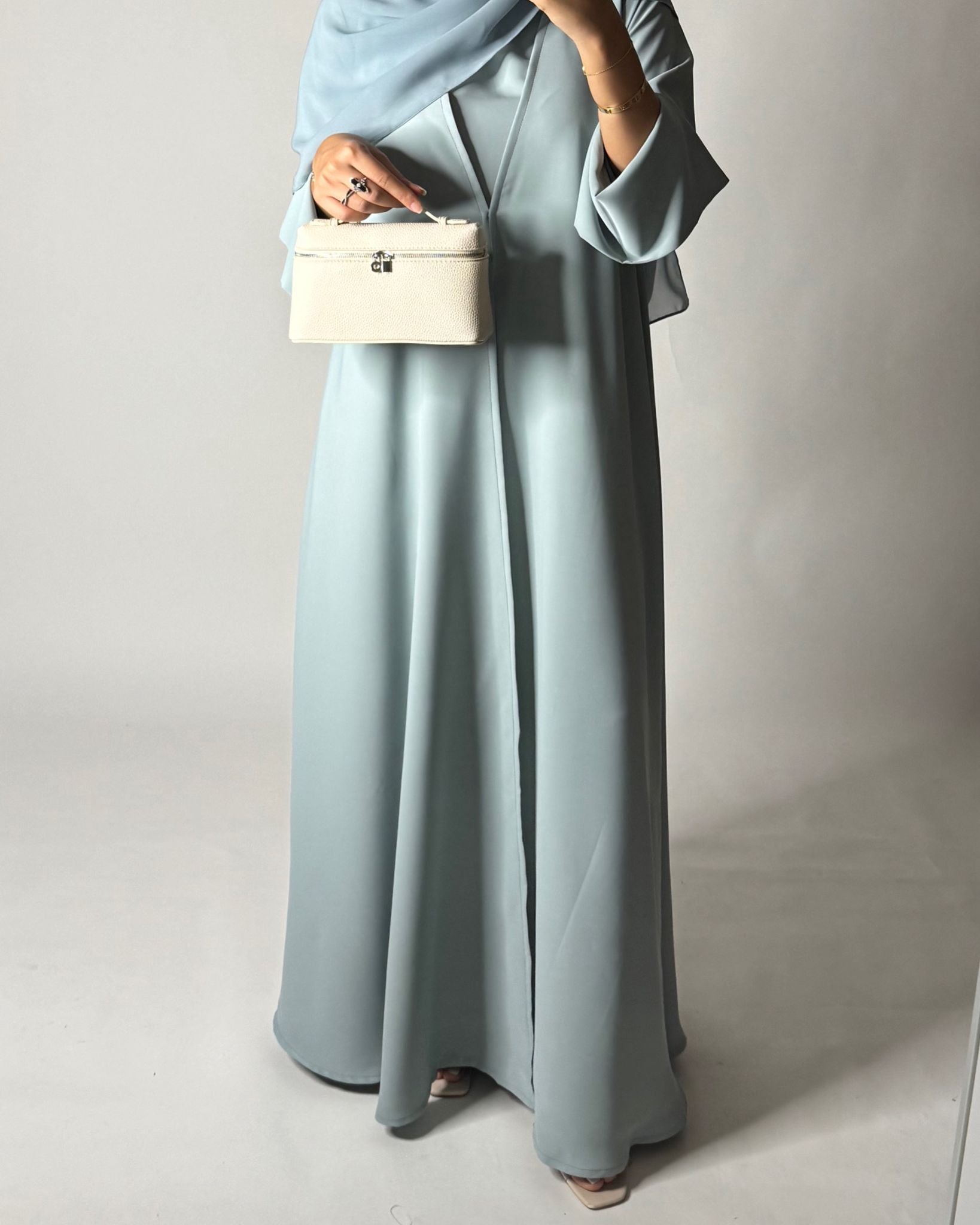 A650 - Blue Flowy Abaya with Flared Sleeves, Under Abaya Dress & Head Scarf