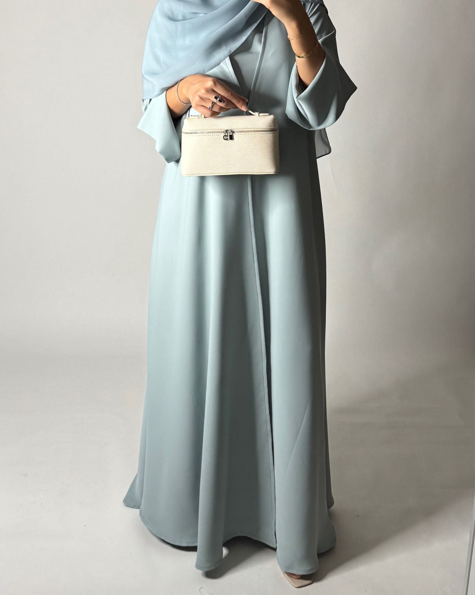 A650 - Blue Flowy Abaya with Flared Sleeves, Under Abaya Dress & Head Scarf