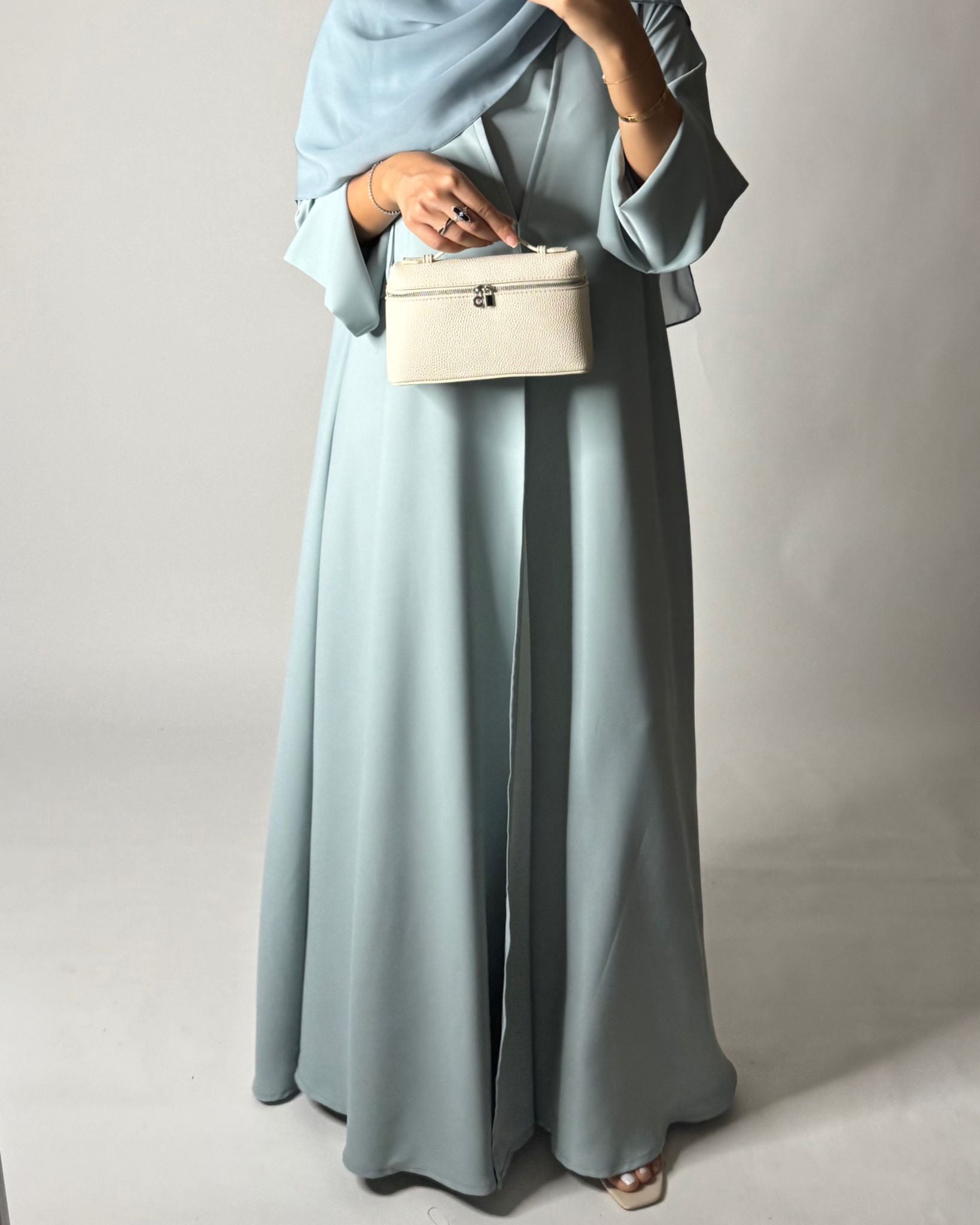 A650 - Blue Flowy Abaya with Flared Sleeves, Under Abaya Dress & Head Scarf