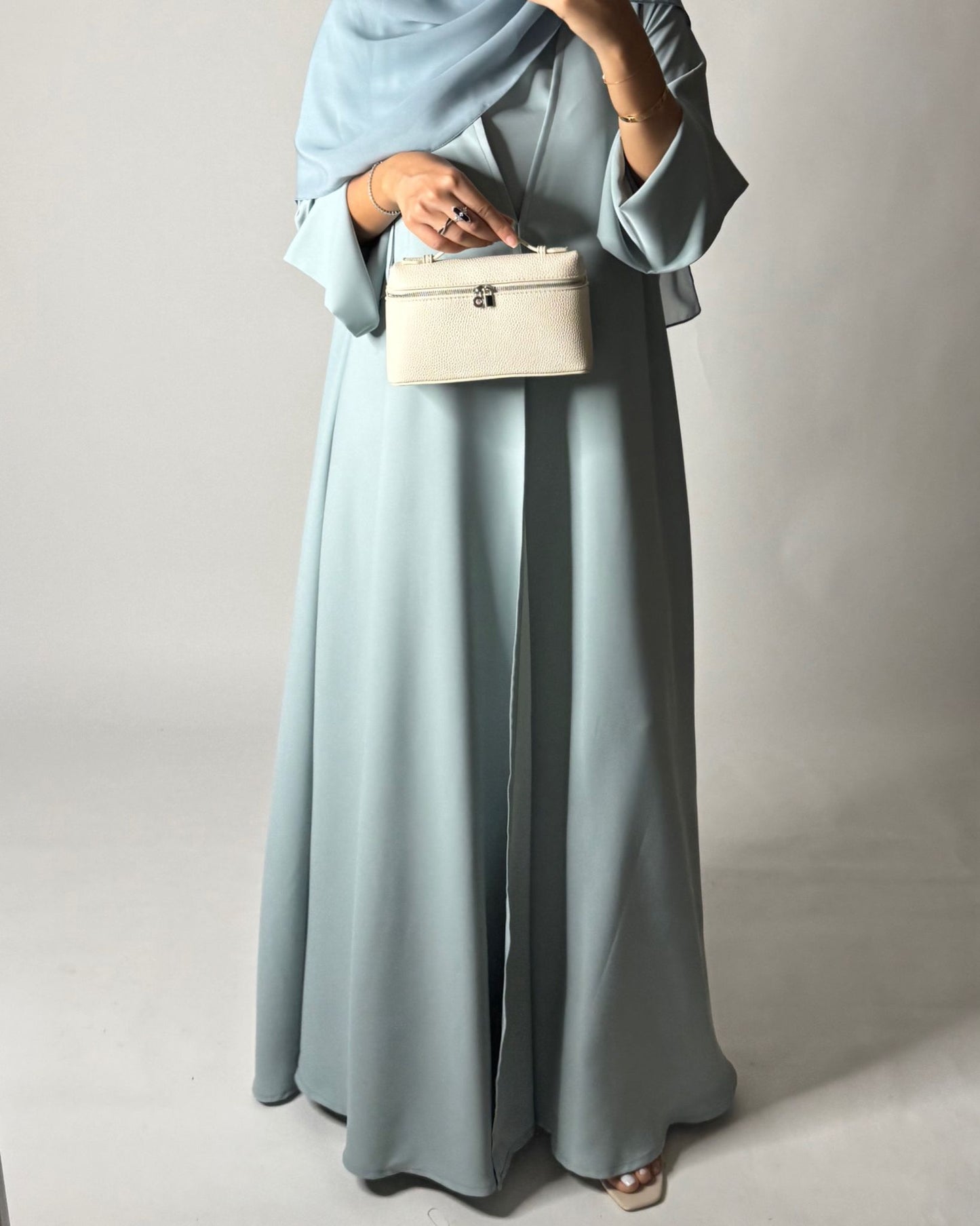 A650 - Blue Flowy Abaya with Flared Sleeves, Under Abaya Dress & Head Scarf