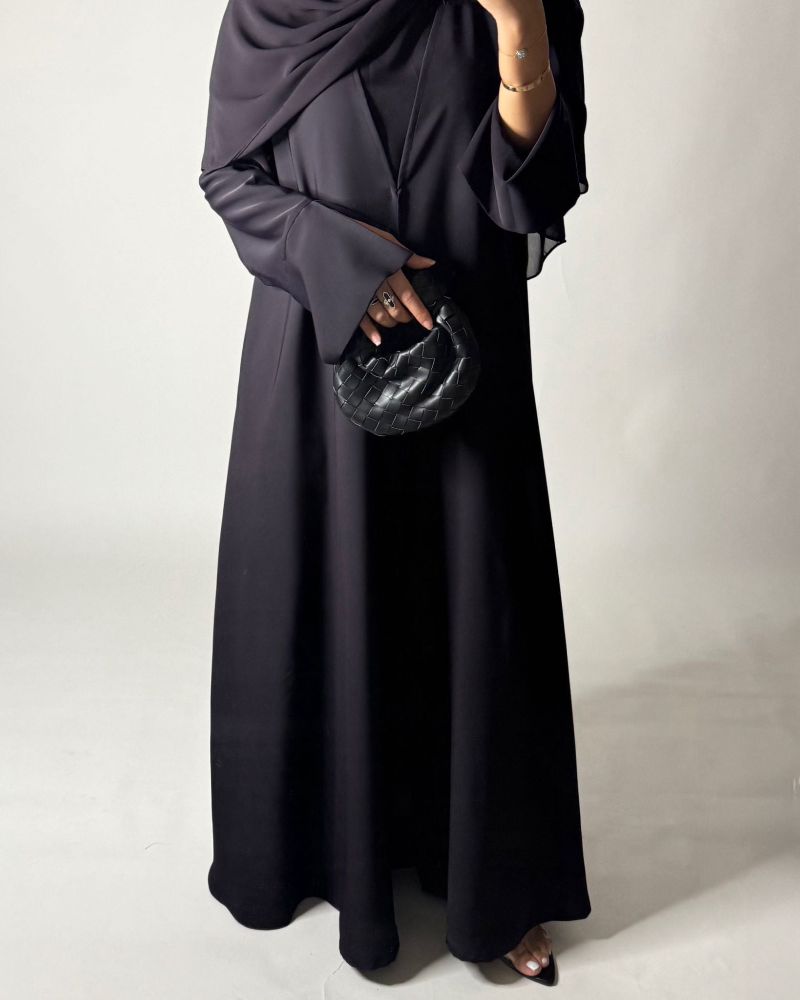 A654 - Dark Purple Flowy Abaya with Flared Sleeves, Under Abaya Dress & Head Scarf