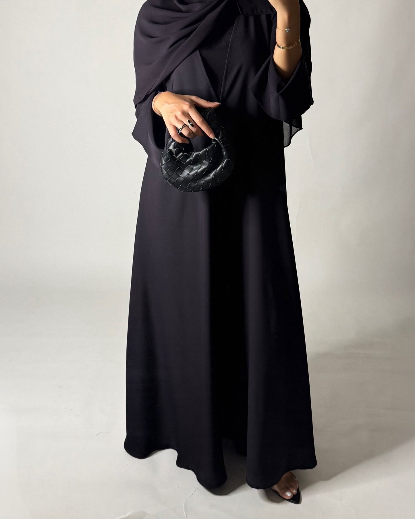A654 - Dark Purple Flowy Abaya with Flared Sleeves, Under Abaya Dress & Head Scarf