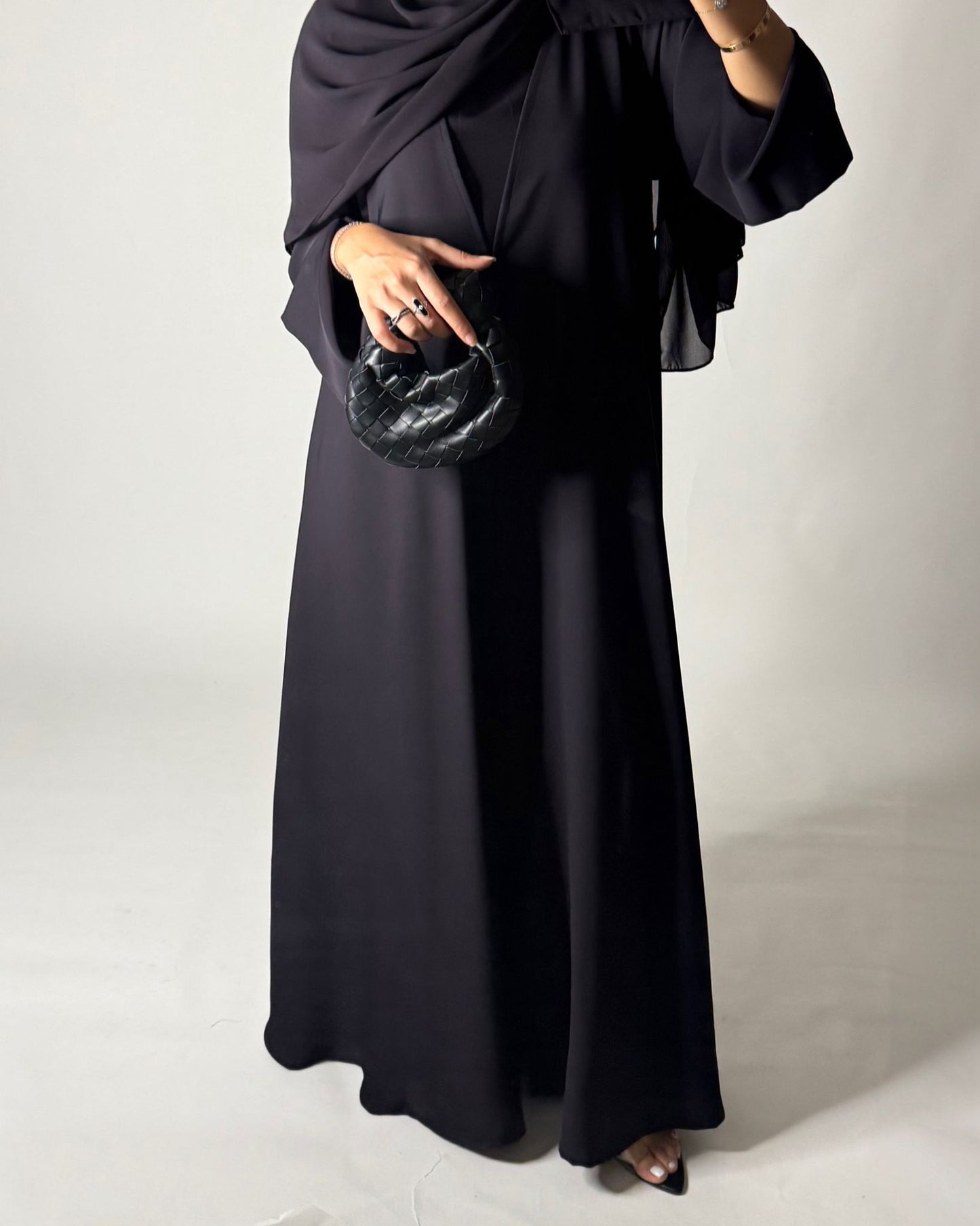 A654 - Dark Purple Flowy Abaya with Flared Sleeves, Under Abaya Dress & Head Scarf