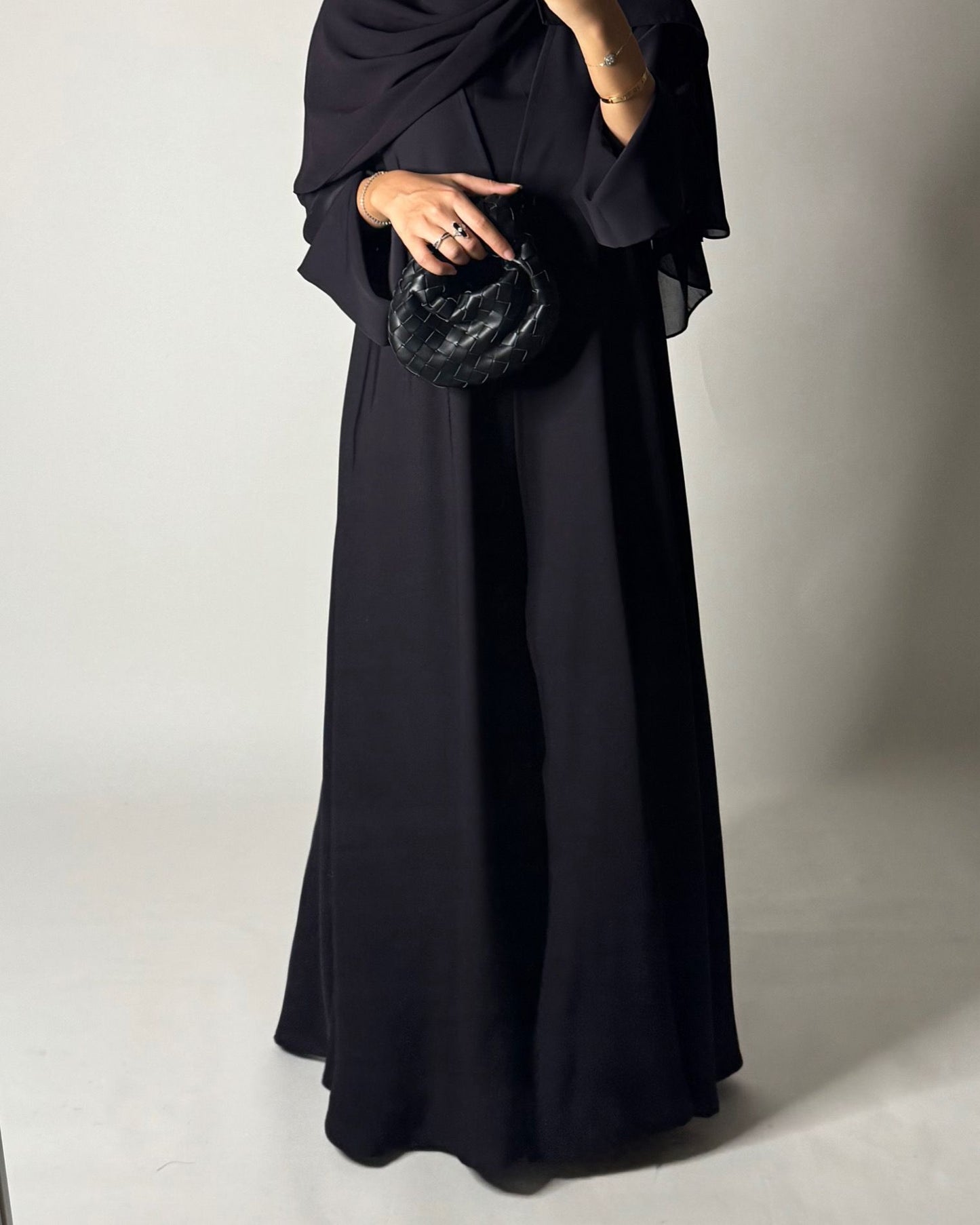 A654 - Dark Purple Flowy Abaya with Flared Sleeves, Under Abaya Dress & Head Scarf