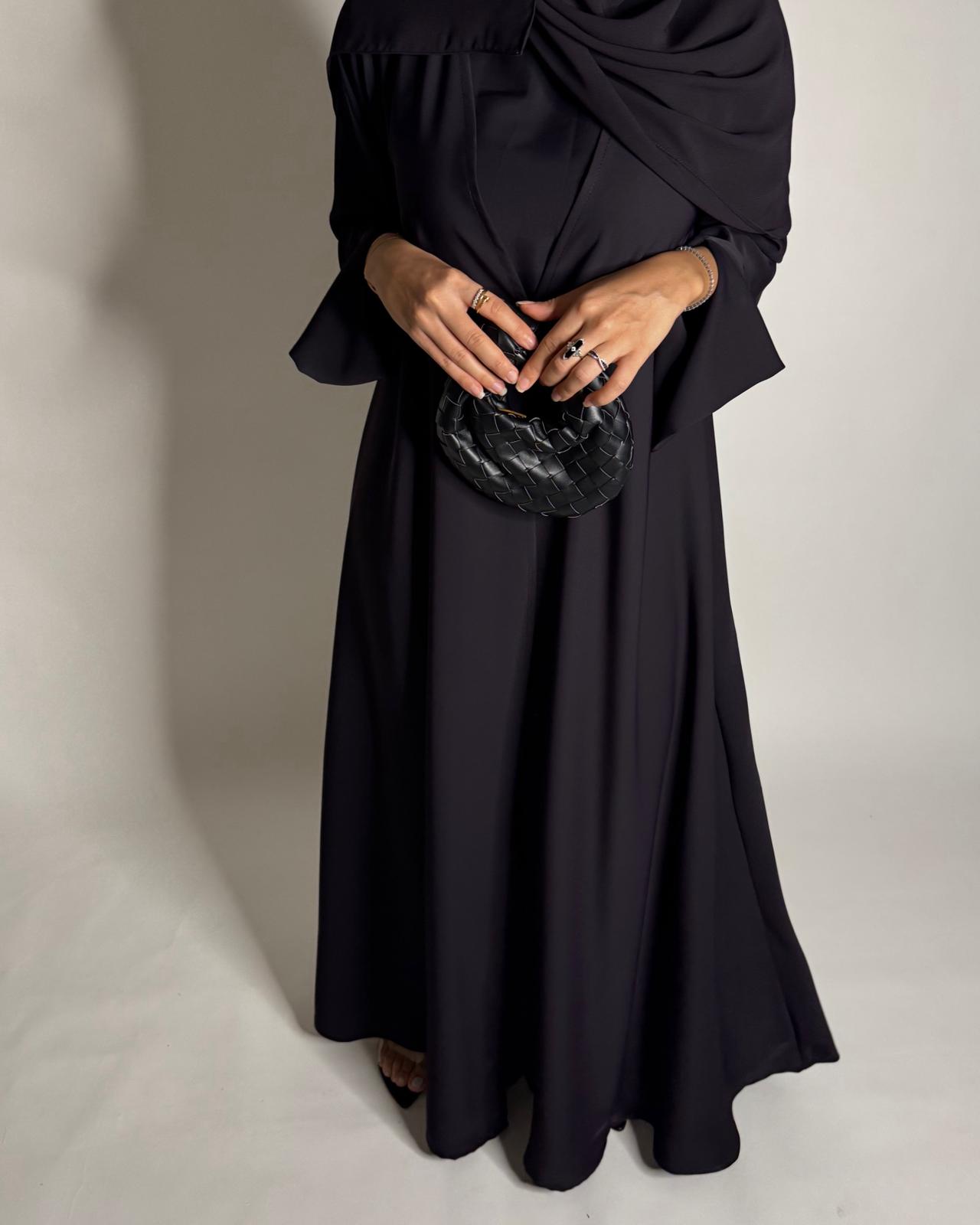 A654 - Dark Purple Flowy Abaya with Flared Sleeves, Under Abaya Dress & Head Scarf
