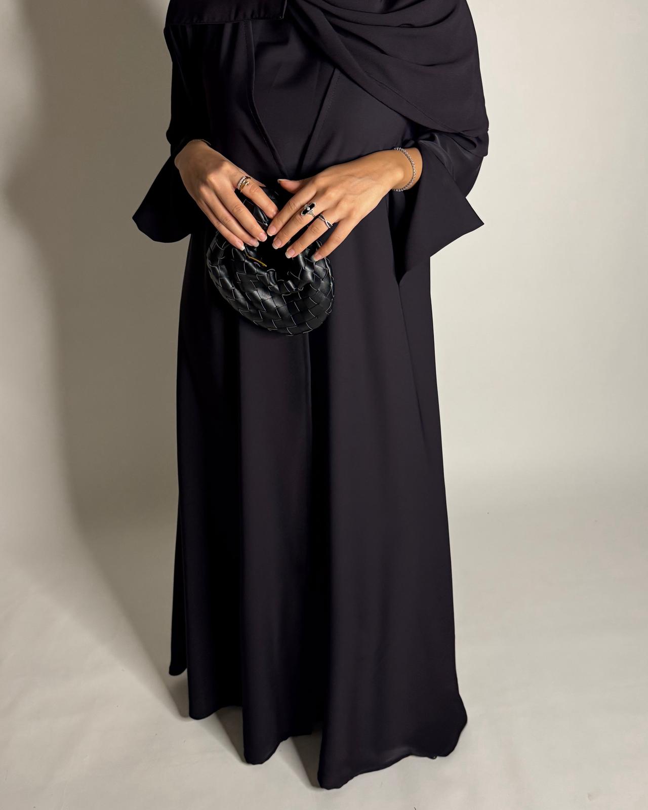 A654 - Dark Purple Flowy Abaya with Flared Sleeves, Under Abaya Dress & Head Scarf