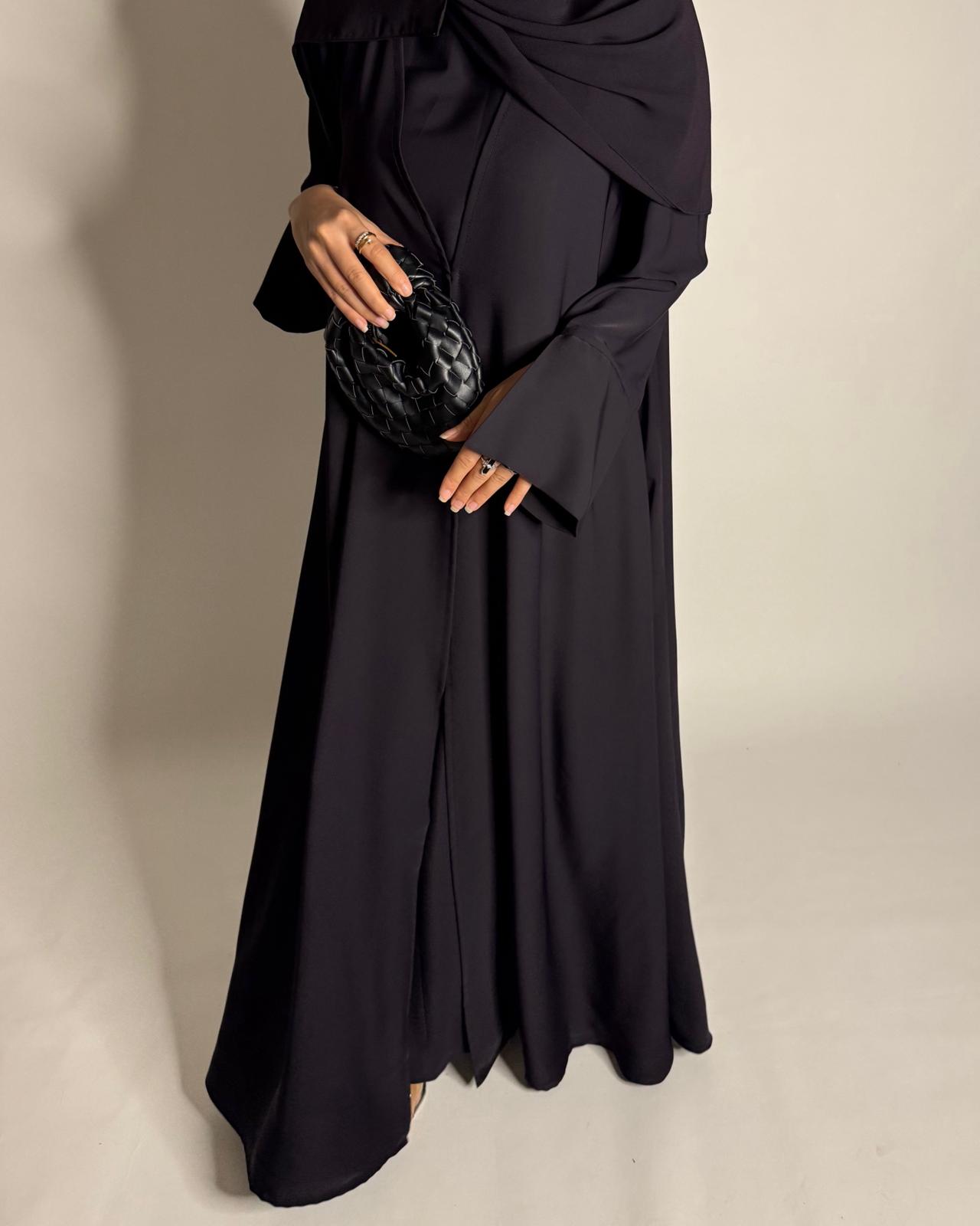 A654 - Dark Purple Flowy Abaya with Flared Sleeves, Under Abaya Dress & Head Scarf
