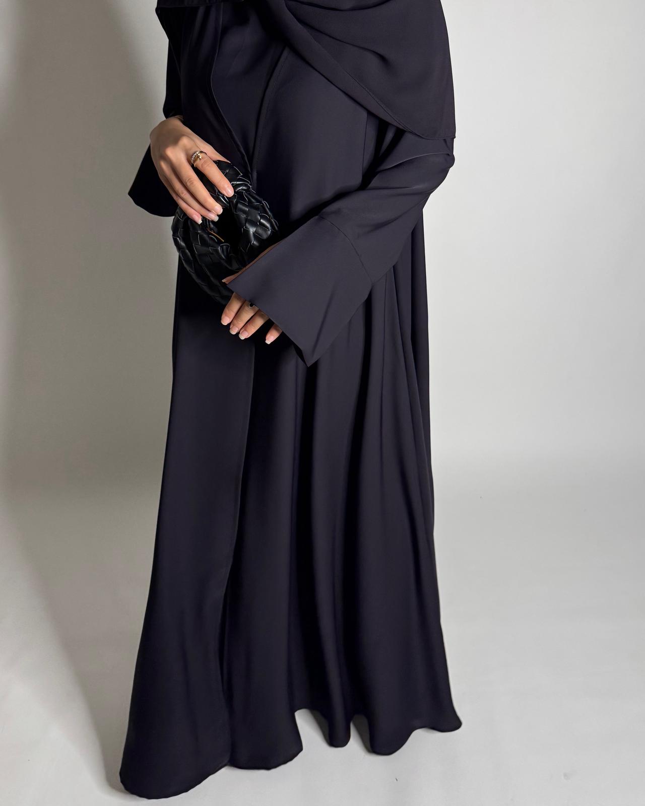 A654 - Dark Purple Flowy Abaya with Flared Sleeves, Under Abaya Dress & Head Scarf