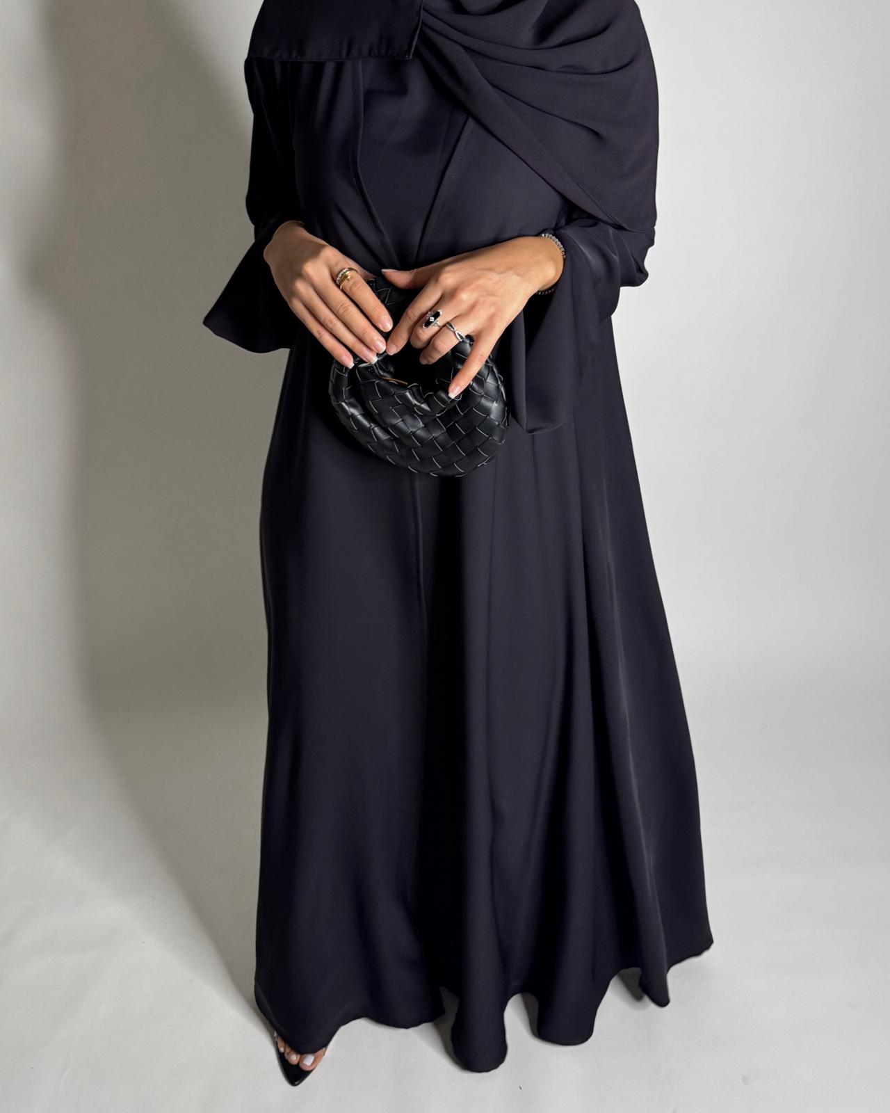 A654 - Dark Purple Flowy Abaya with Flared Sleeves, Under Abaya Dress & Head Scarf