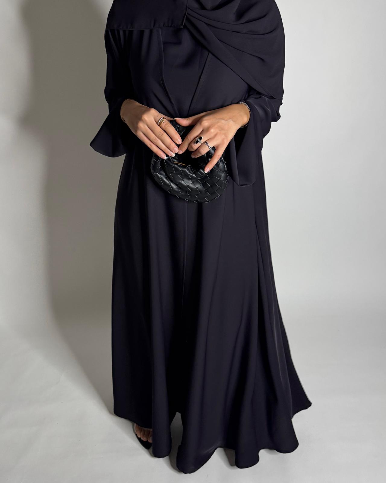 A654 - Dark Purple Flowy Abaya with Flared Sleeves, Under Abaya Dress & Head Scarf