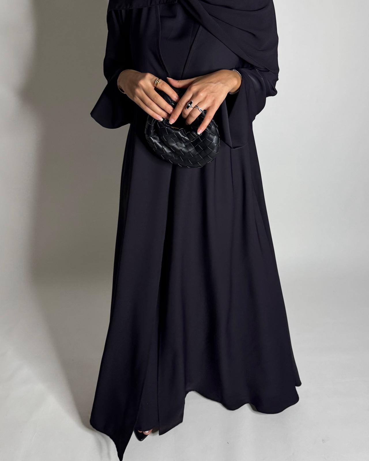 A654 - Dark Purple Flowy Abaya with Flared Sleeves, Under Abaya Dress & Head Scarf