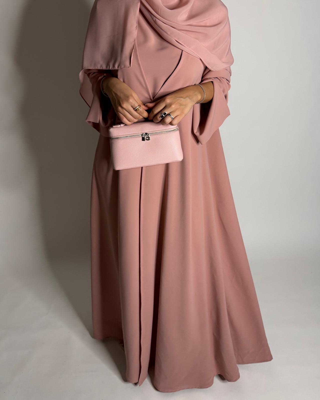 A649 - Pink Flowy Abaya with Flared Sleeves, Under Abaya Dress & Head Scarf