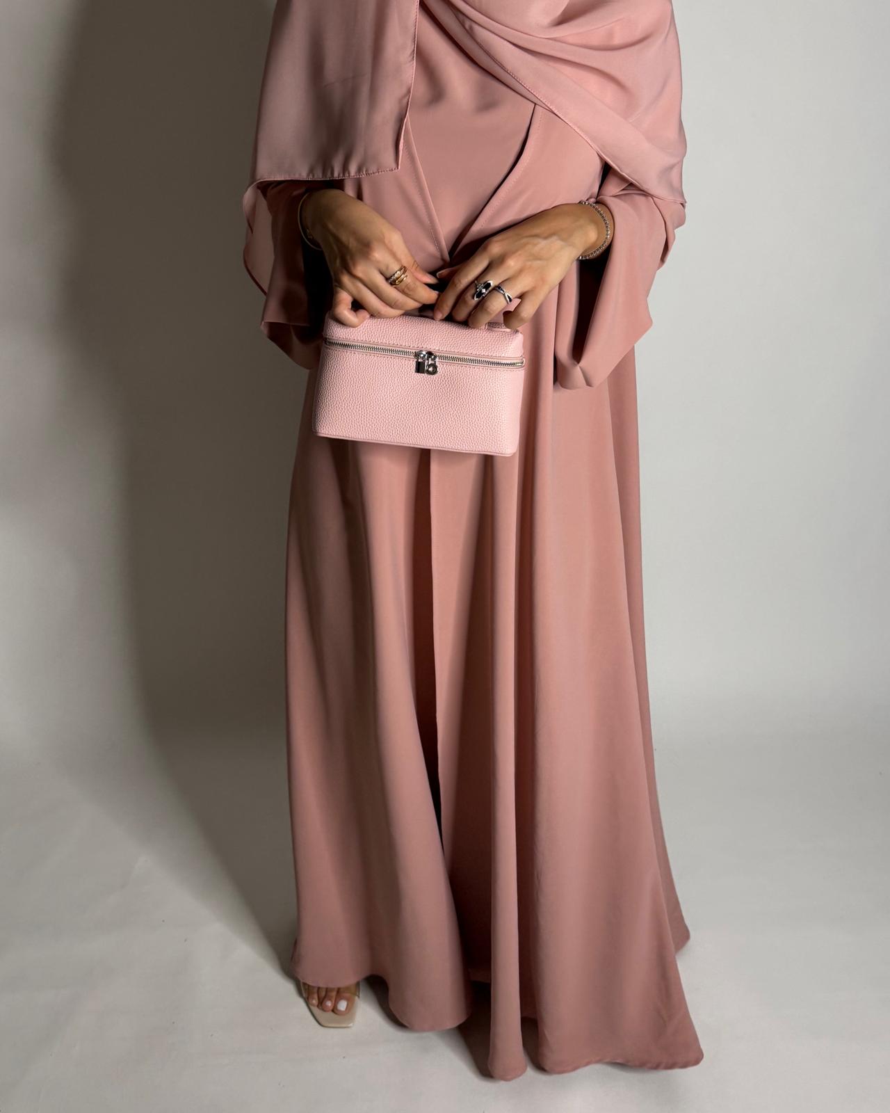 A649 - Pink Flowy Abaya with Flared Sleeves, Under Abaya Dress & Head Scarf