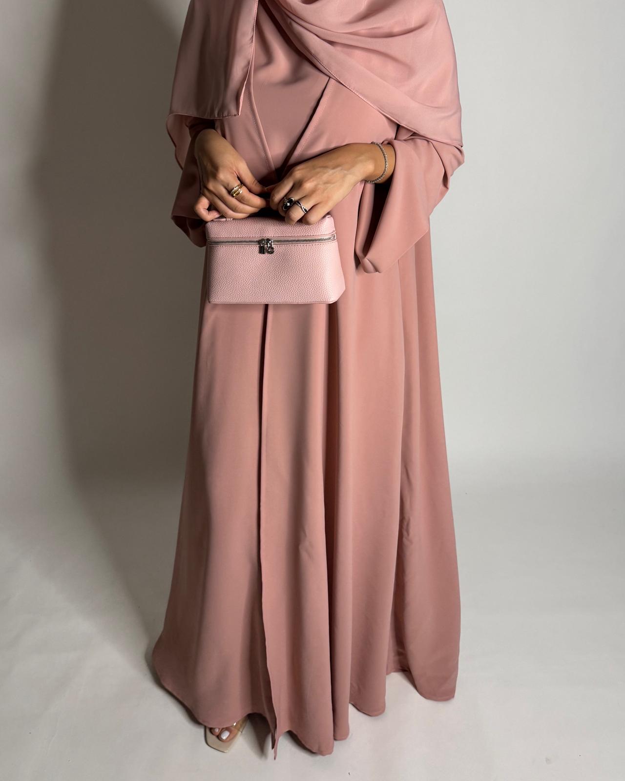 A649 - Pink Flowy Abaya with Flared Sleeves, Under Abaya Dress & Head Scarf