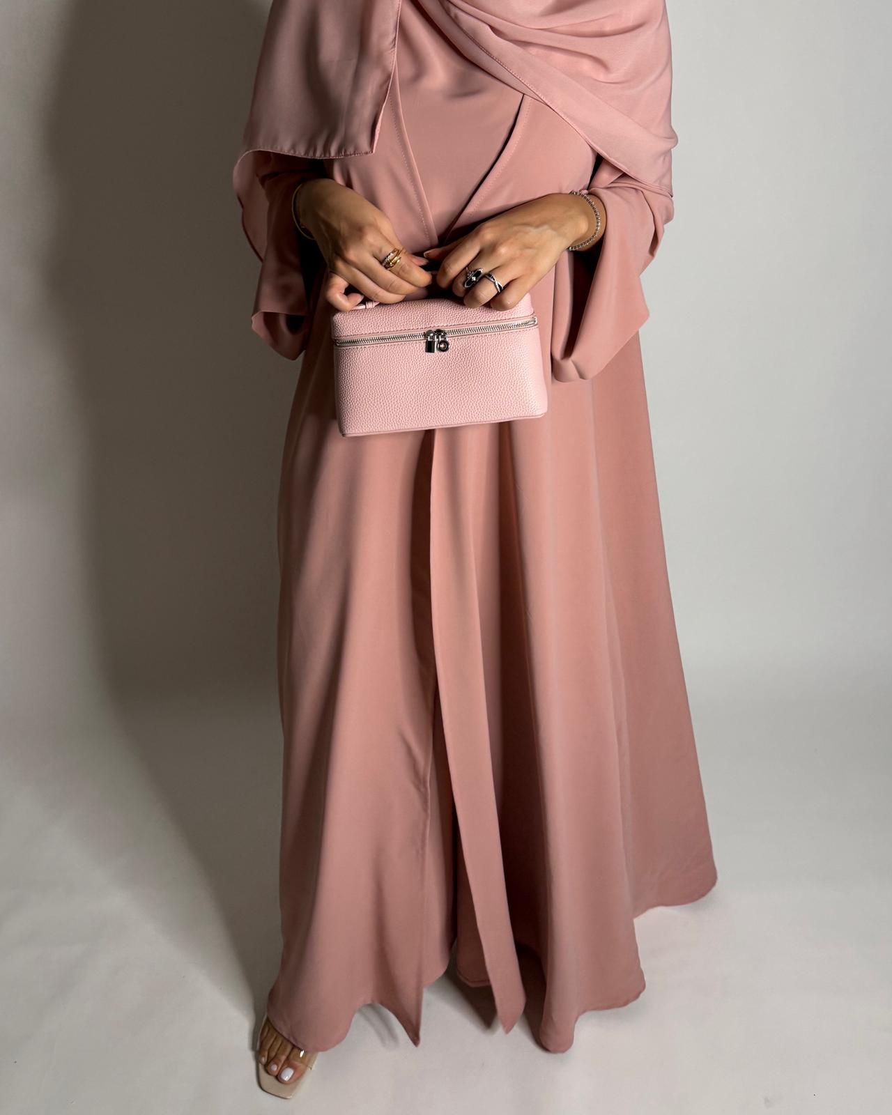 A649 - Pink Flowy Abaya with Flared Sleeves, Under Abaya Dress & Head Scarf
