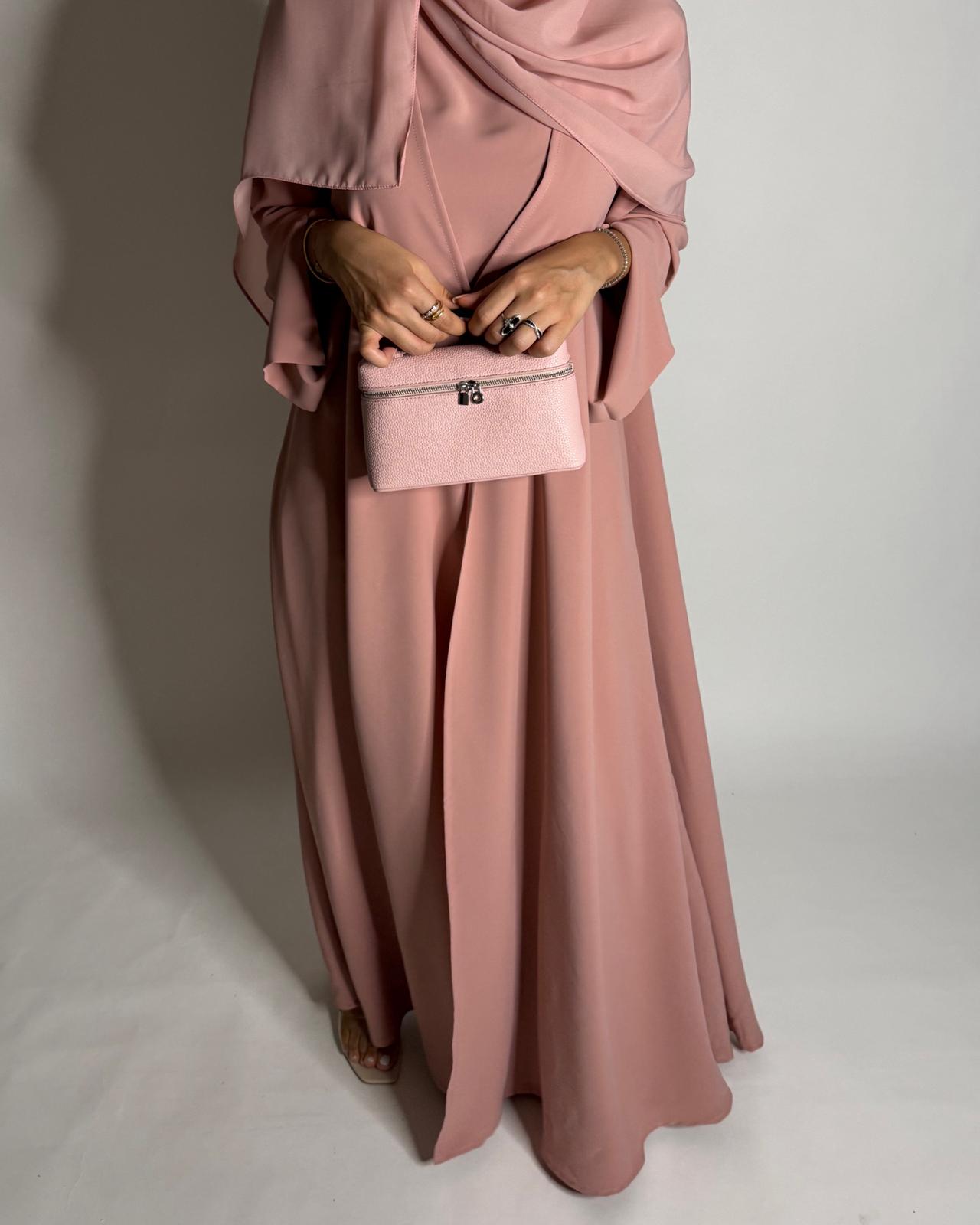A649 - Pink Flowy Abaya with Flared Sleeves, Under Abaya Dress & Head Scarf