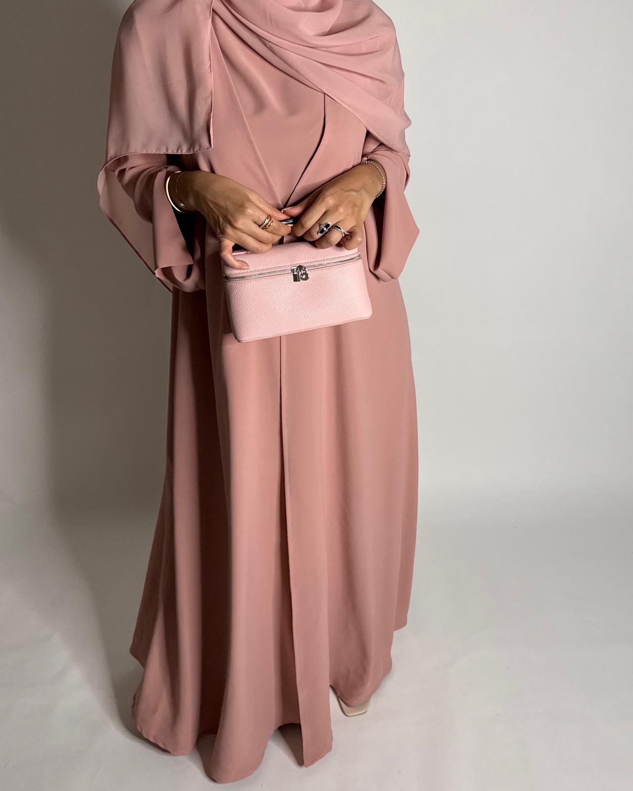 A649 - Pink Flowy Abaya with Flared Sleeves, Under Abaya Dress & Head Scarf