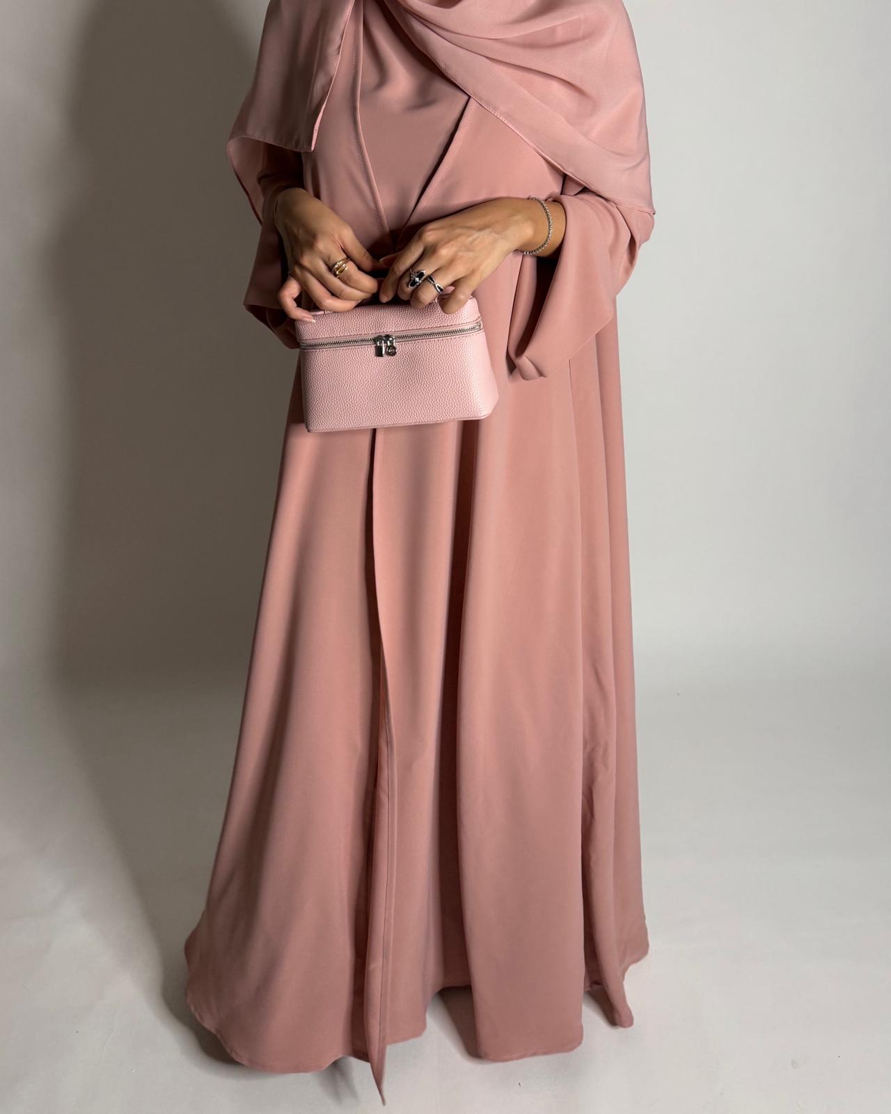 A649 - Pink Flowy Abaya with Flared Sleeves, Under Abaya Dress & Head Scarf