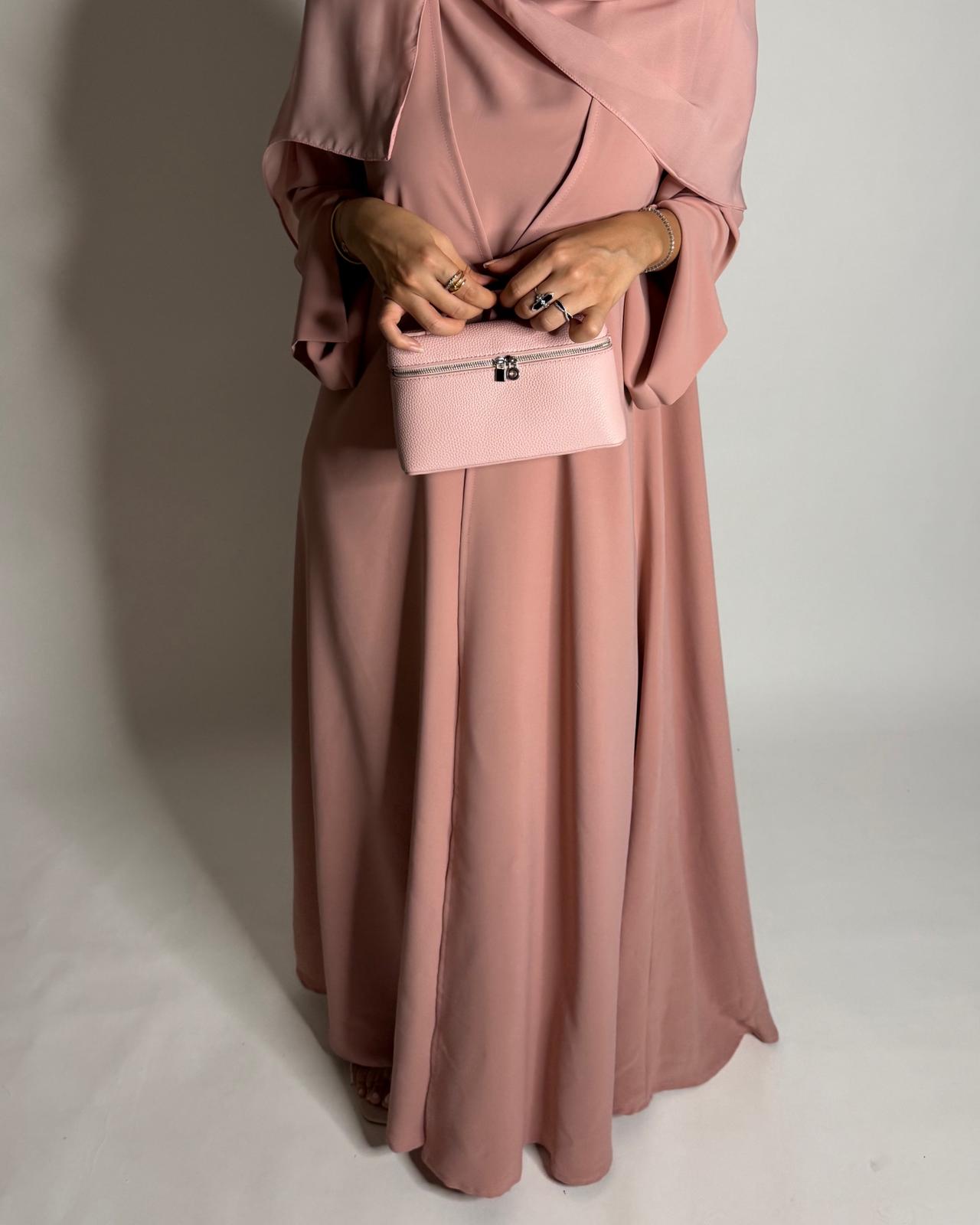 A649 - Pink Flowy Abaya with Flared Sleeves, Under Abaya Dress & Head Scarf