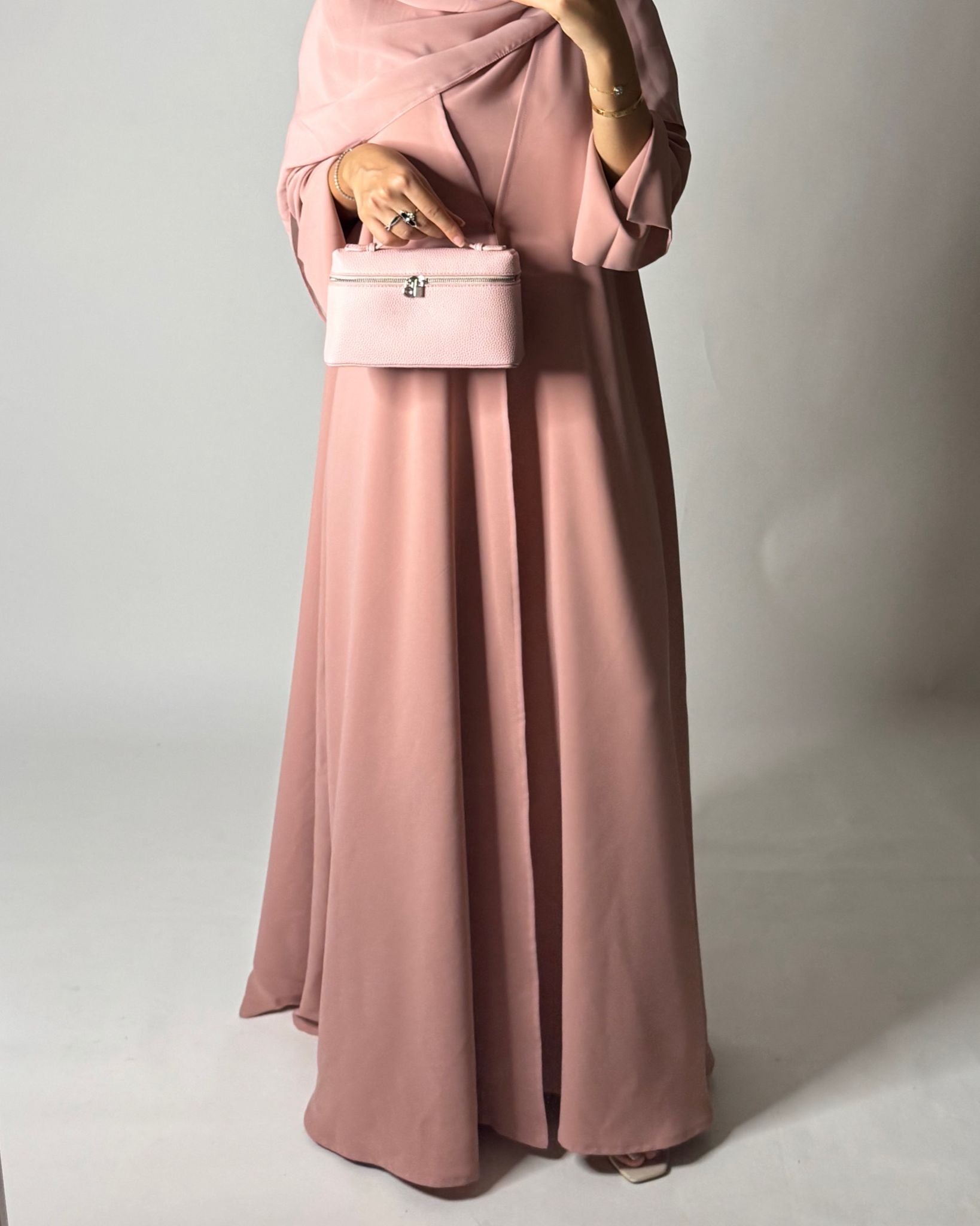 A649 - Pink Flowy Abaya with Flared Sleeves, Under Abaya Dress & Head Scarf