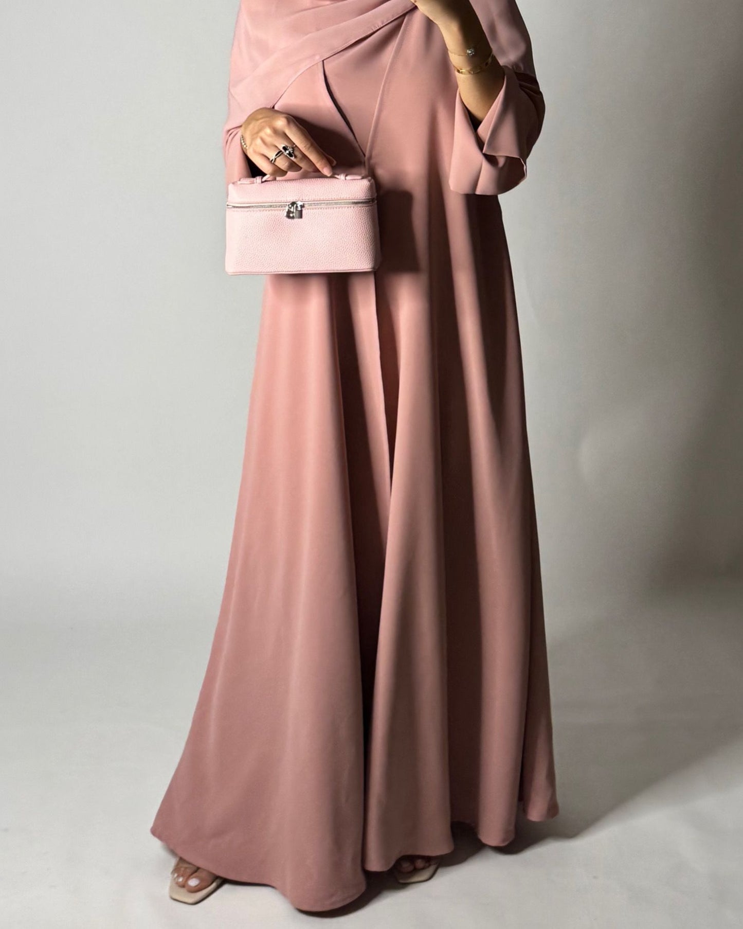 A649 - Pink Flowy Abaya with Flared Sleeves, Under Abaya Dress & Head Scarf