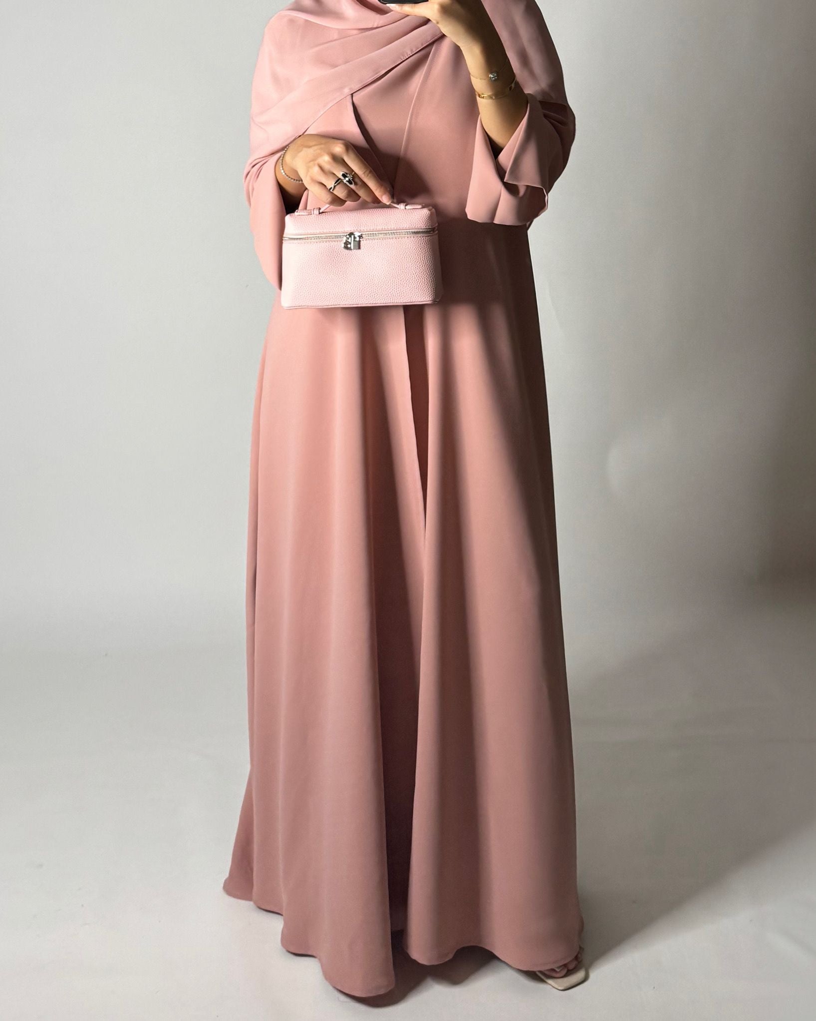 A649 - Pink Flowy Abaya with Flared Sleeves, Under Abaya Dress & Head Scarf