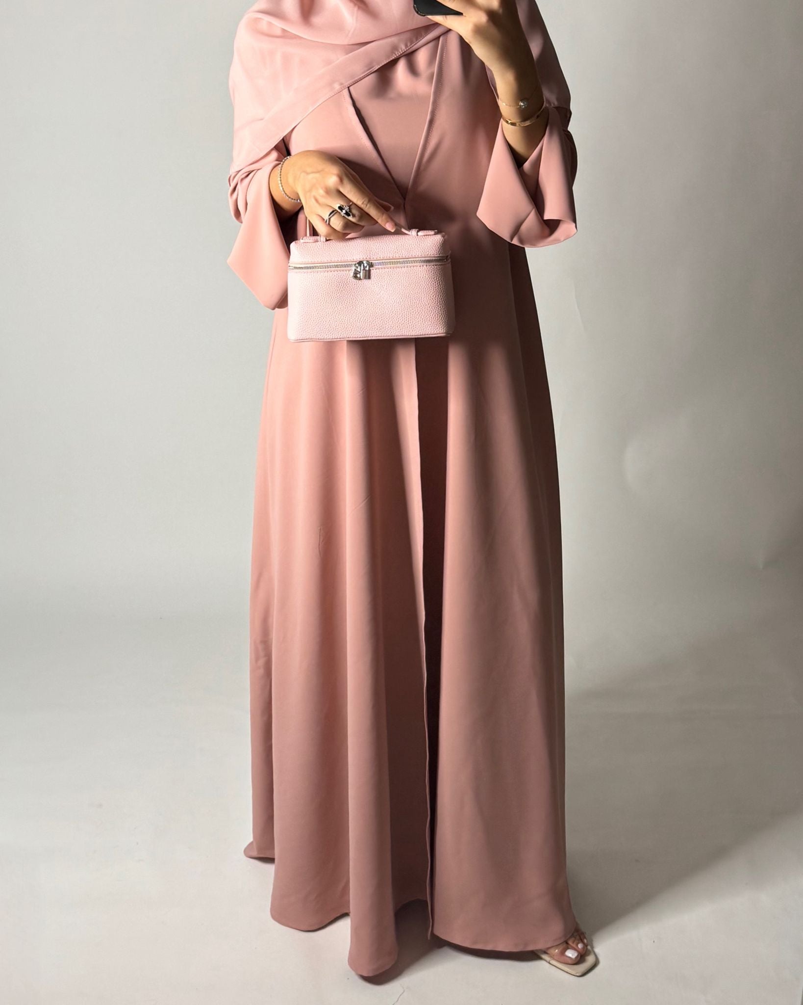 A649 - Pink Flowy Abaya with Flared Sleeves, Under Abaya Dress & Head Scarf