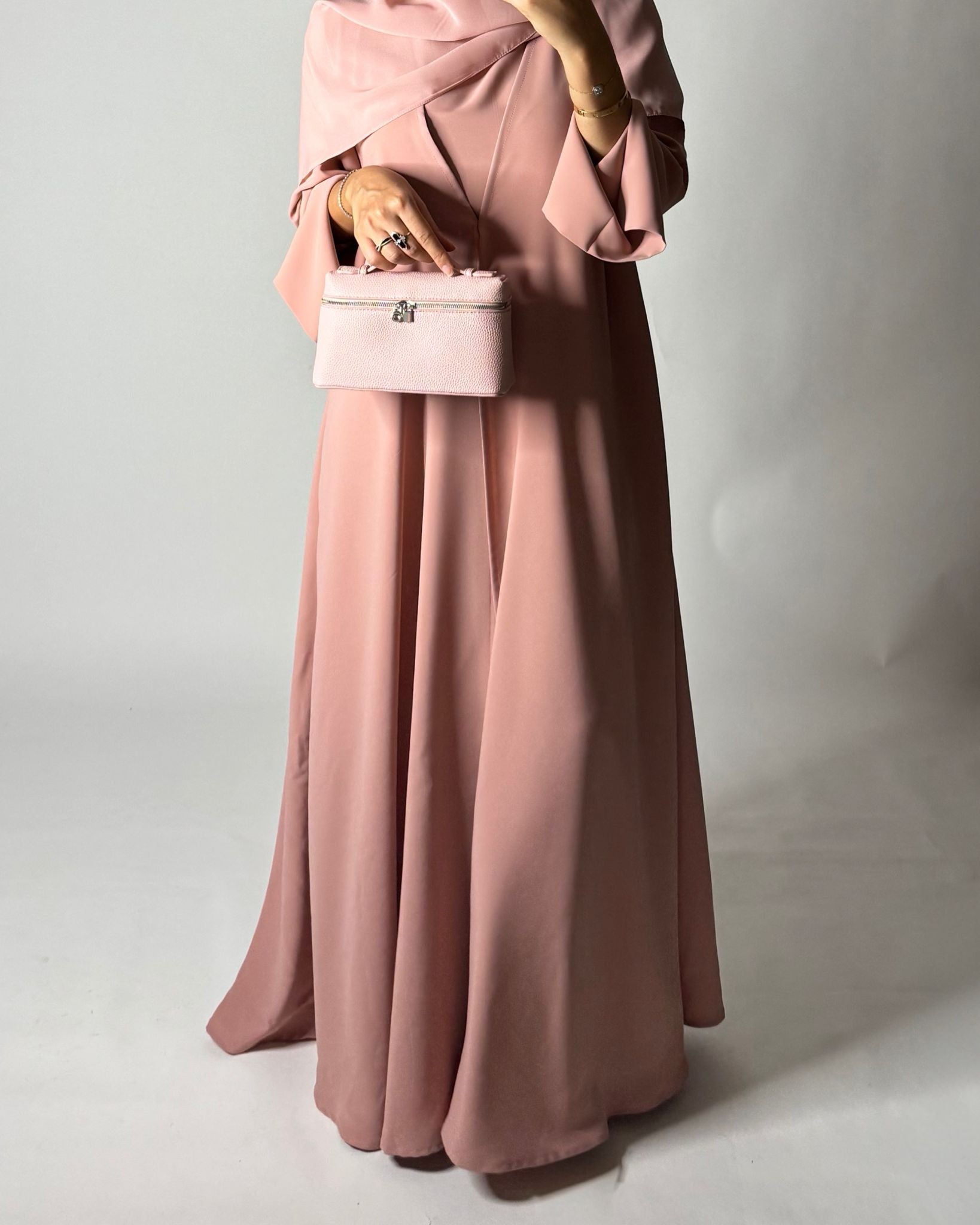 A649 - Pink Flowy Abaya with Flared Sleeves, Under Abaya Dress & Head Scarf