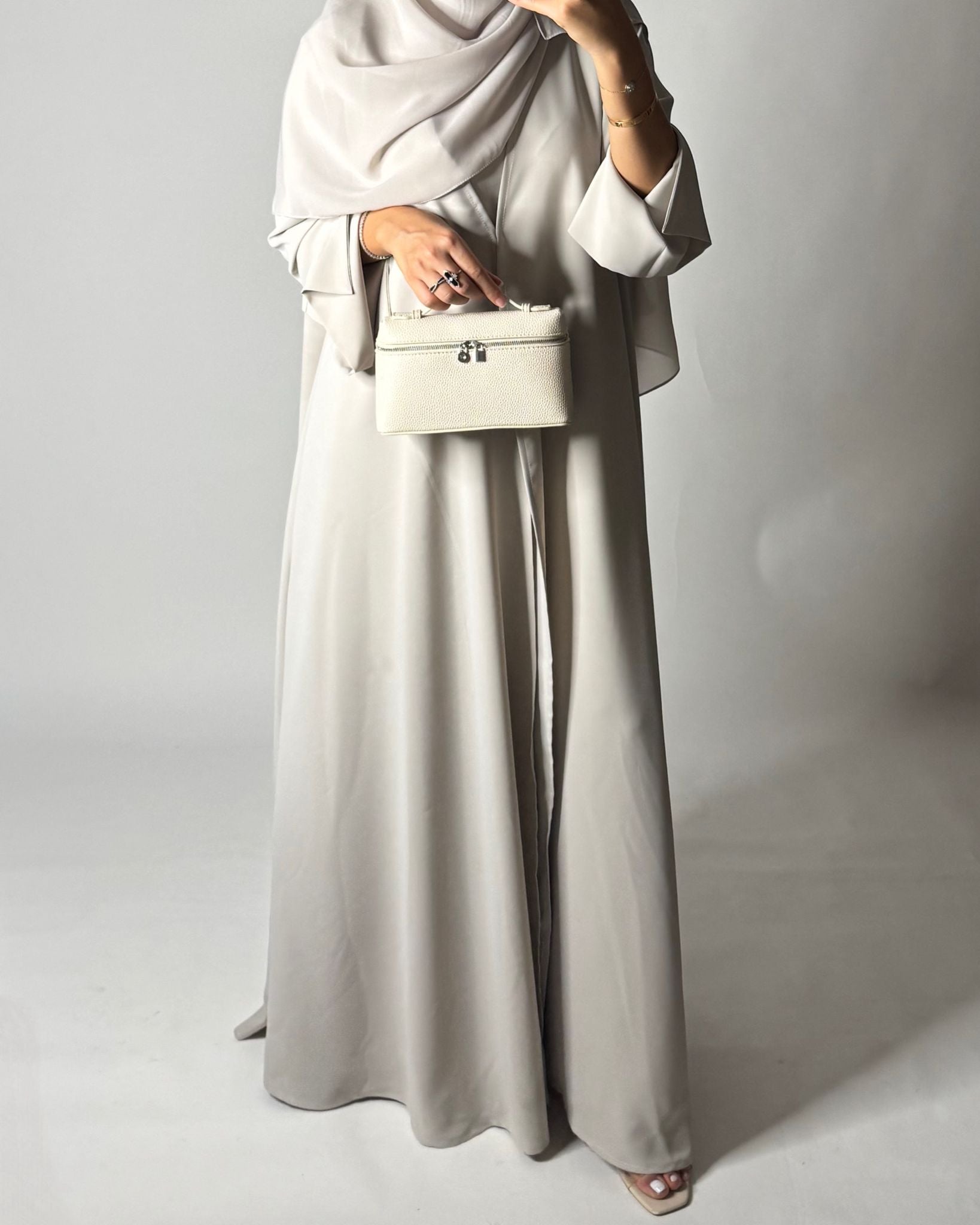 A651 - Dusty Cream Flowy Abaya with Flared Sleeves, Under Abaya Dress & Head Scarf
