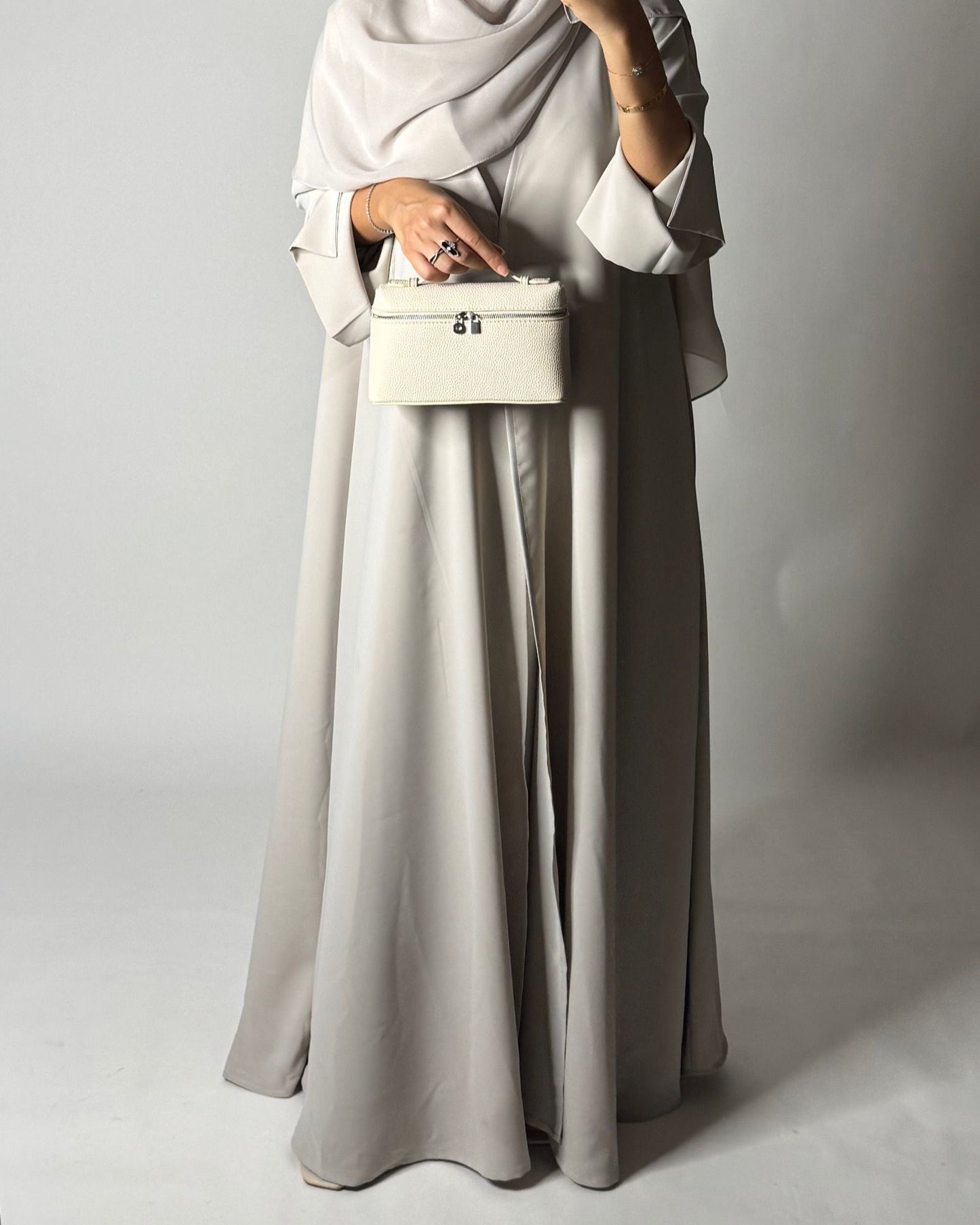 A651 - Dusty Cream Flowy Abaya with Flared Sleeves, Under Abaya Dress & Head Scarf