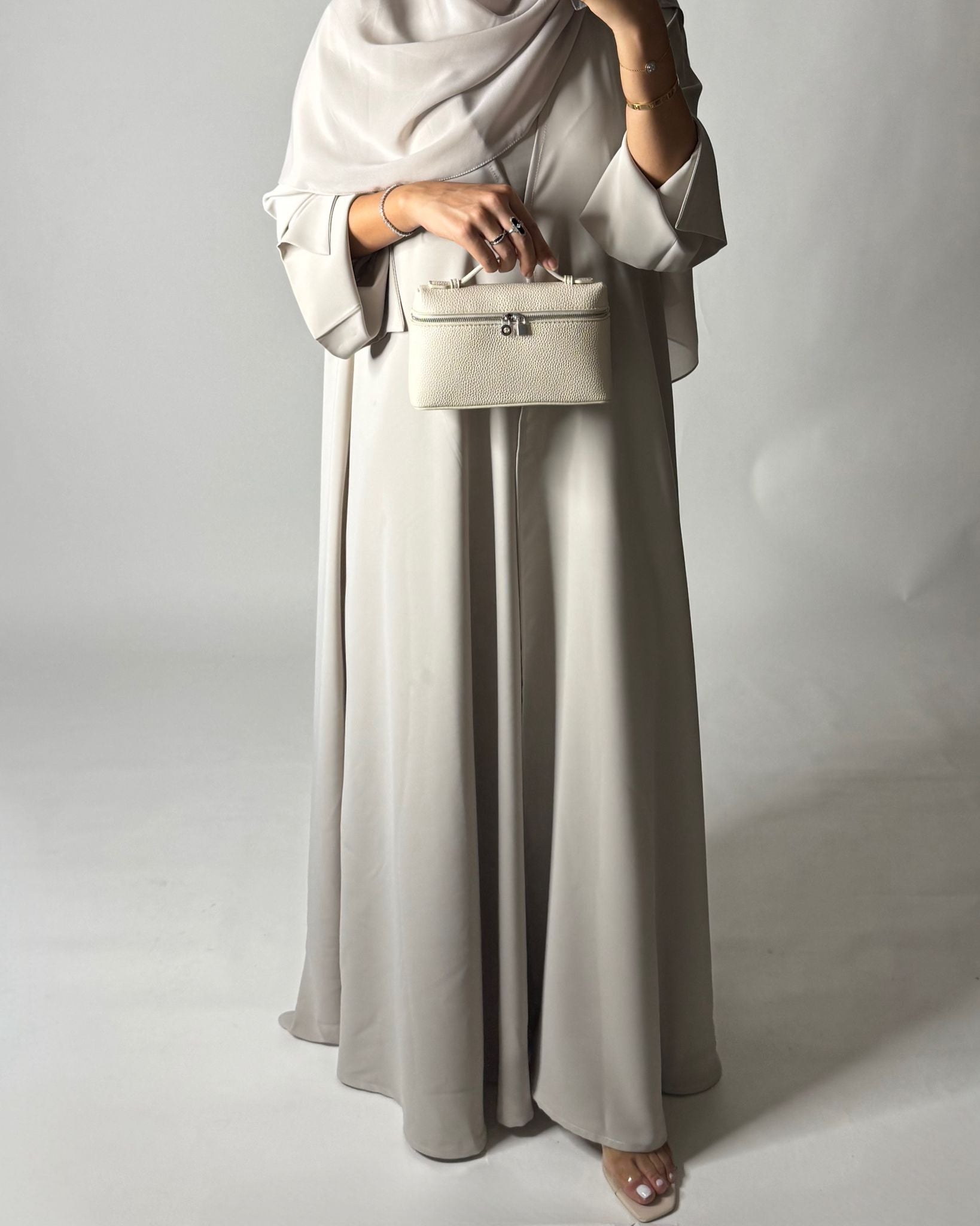 A651 - Dusty Cream Flowy Abaya with Flared Sleeves, Under Abaya Dress & Head Scarf