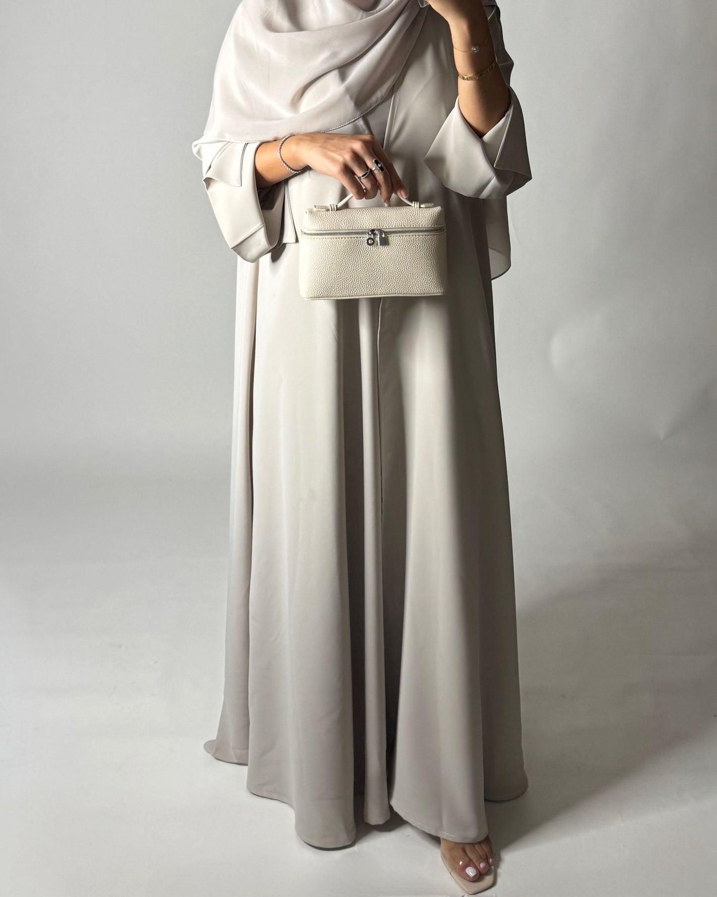 A651 - Dusty Cream Flowy Abaya with Flared Sleeves, Under Abaya Dress & Head Scarf