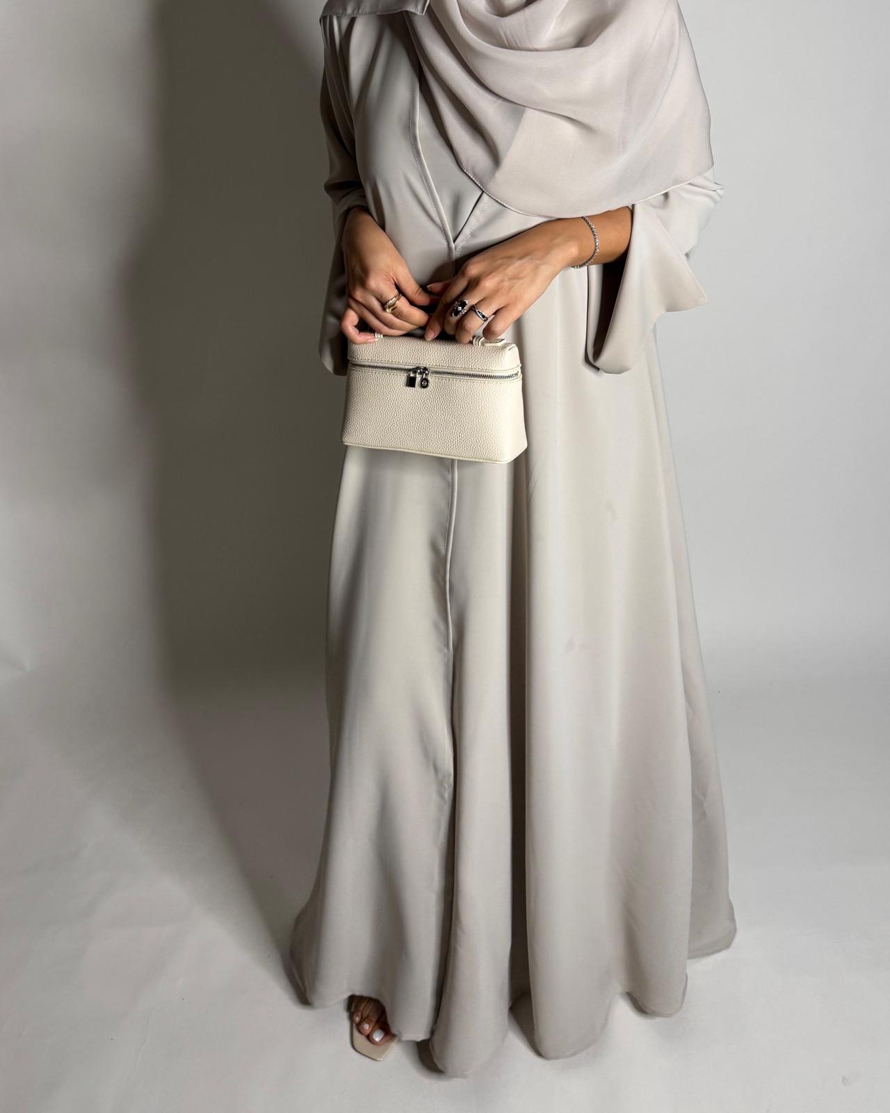 A651 - Dusty Cream Flowy Abaya with Flared Sleeves, Under Abaya Dress & Head Scarf