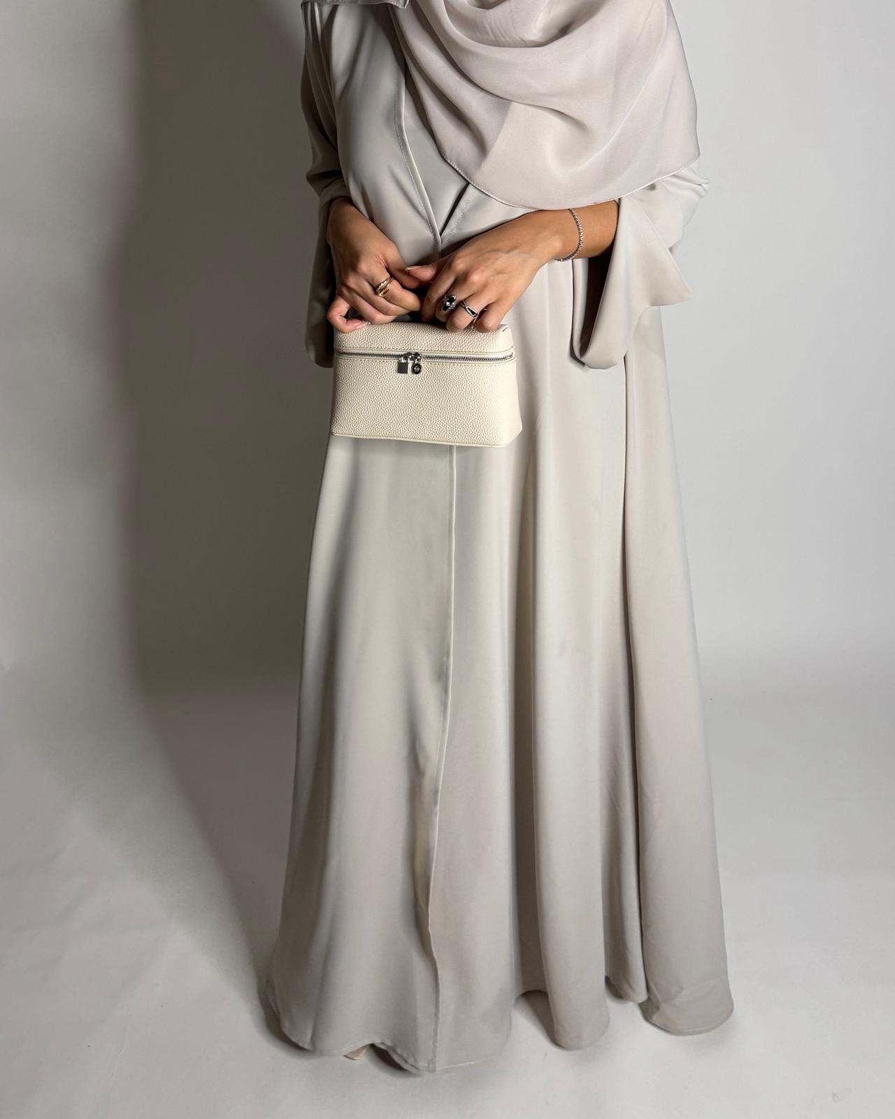 A651 - Dusty Cream Flowy Abaya with Flared Sleeves, Under Abaya Dress & Head Scarf