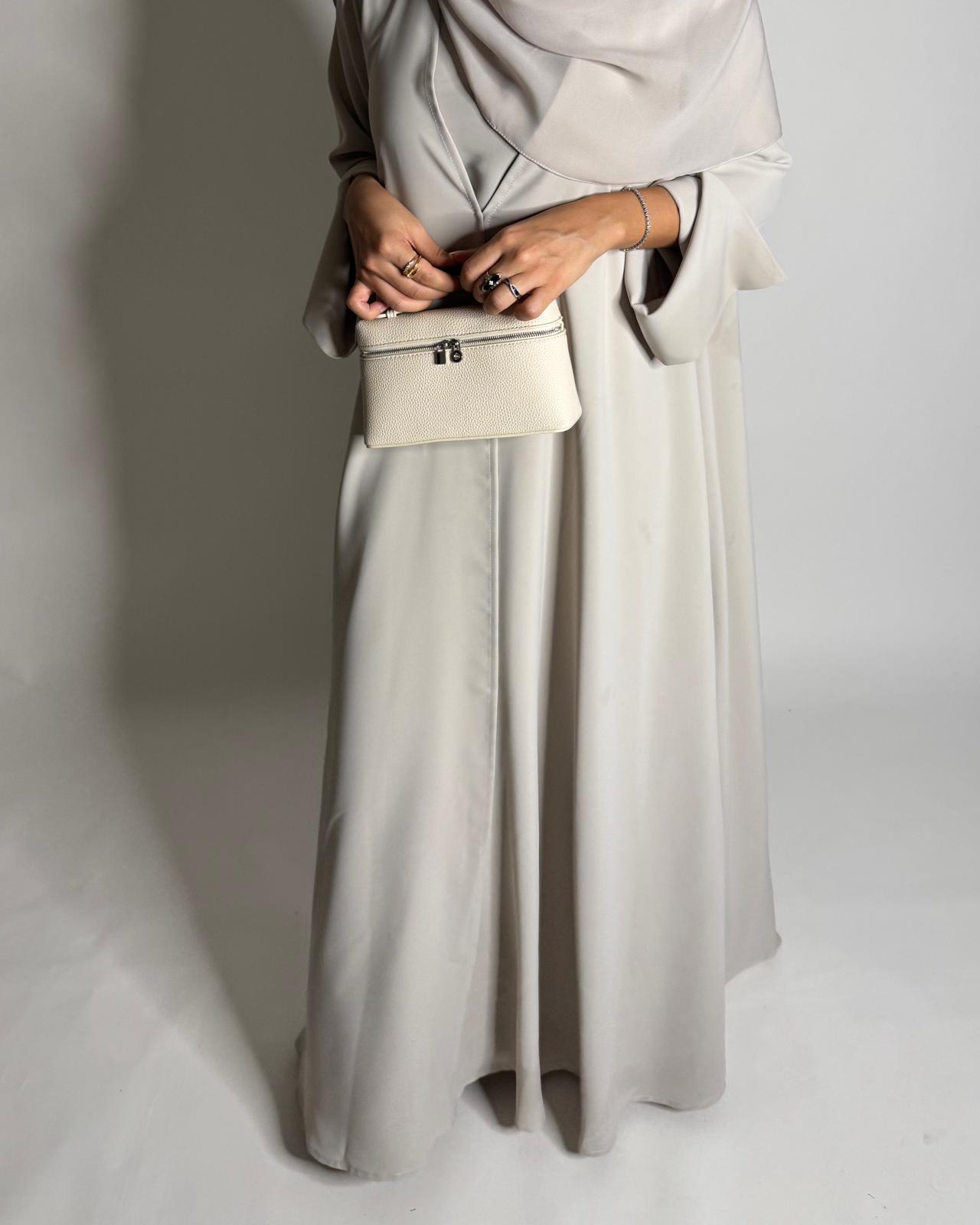 A651 - Dusty Cream Flowy Abaya with Flared Sleeves, Under Abaya Dress & Head Scarf