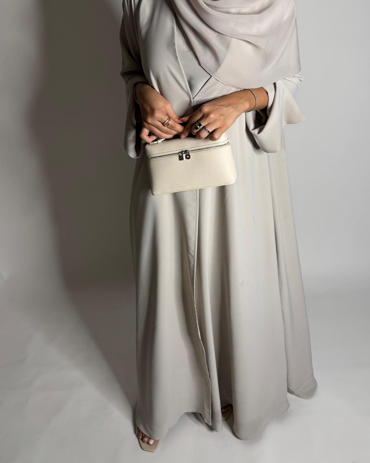 A651 - Dusty Cream Flowy Abaya with Flared Sleeves, Under Abaya Dress & Head Scarf