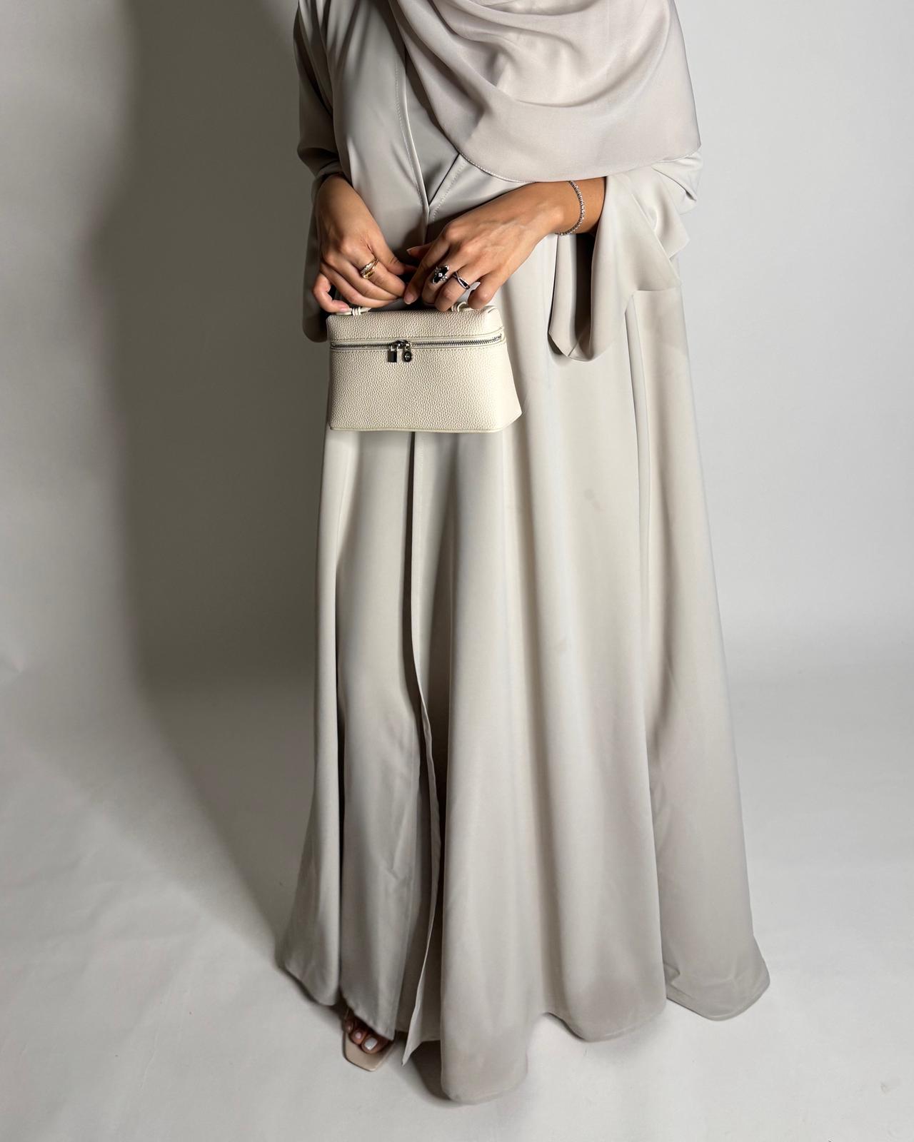 A651 - Dusty Cream Flowy Abaya with Flared Sleeves, Under Abaya Dress & Head Scarf