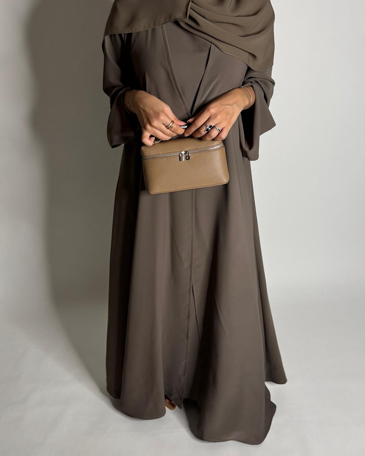 A652 - Brown Flowy Abaya with Flared Sleeves, Under Abaya Dress & Head Scarf