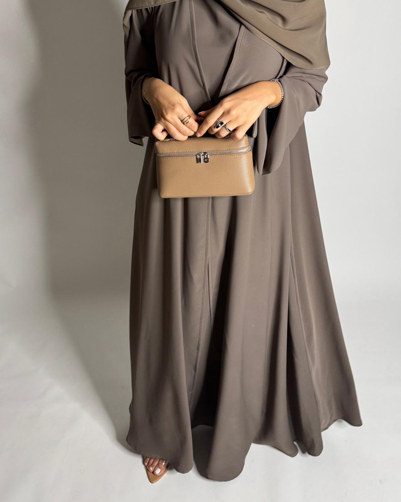 A652 - Brown Flowy Abaya with Flared Sleeves, Under Abaya Dress & Head Scarf