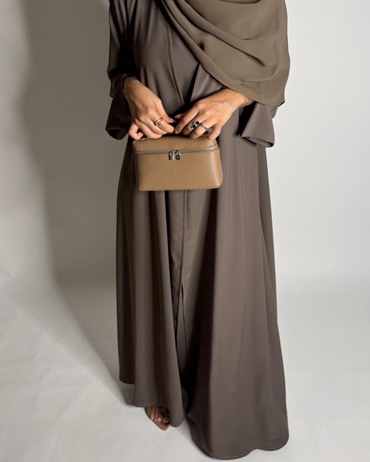 A652 - Brown Flowy Abaya with Flared Sleeves, Under Abaya Dress & Head Scarf