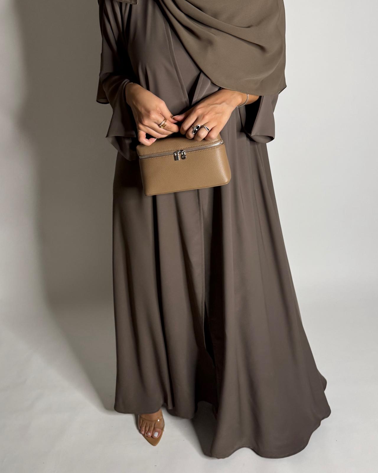 A652 - Brown Flowy Abaya with Flared Sleeves, Under Abaya Dress & Head Scarf