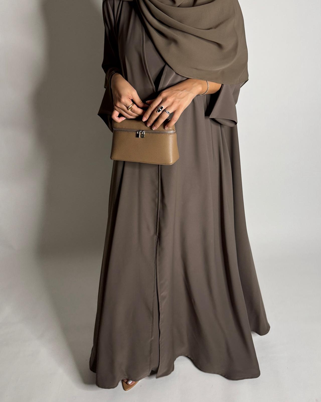 A652 - Brown Flowy Abaya with Flared Sleeves, Under Abaya Dress & Head Scarf
