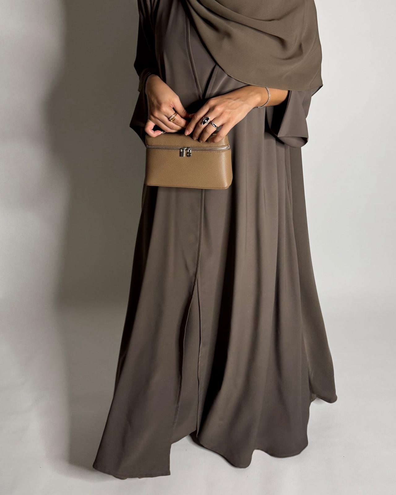 A652 - Brown Flowy Abaya with Flared Sleeves, Under Abaya Dress & Head Scarf