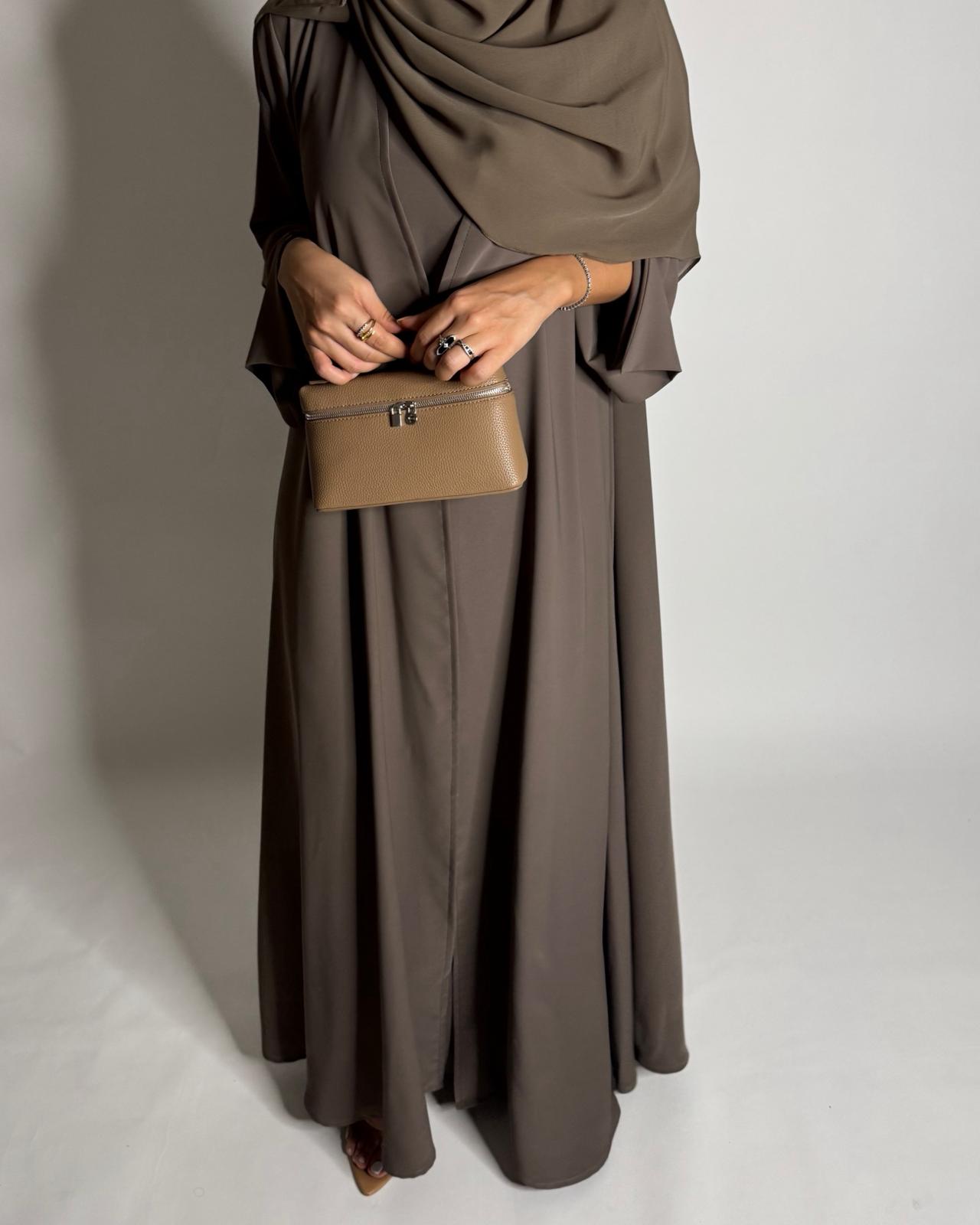 A652 - Brown Flowy Abaya with Flared Sleeves, Under Abaya Dress & Head Scarf