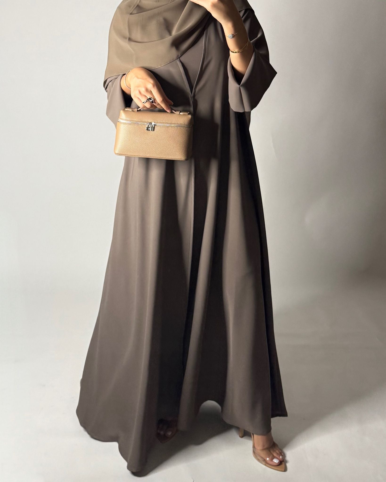 A652 - Brown Flowy Abaya with Flared Sleeves, Under Abaya Dress & Head Scarf